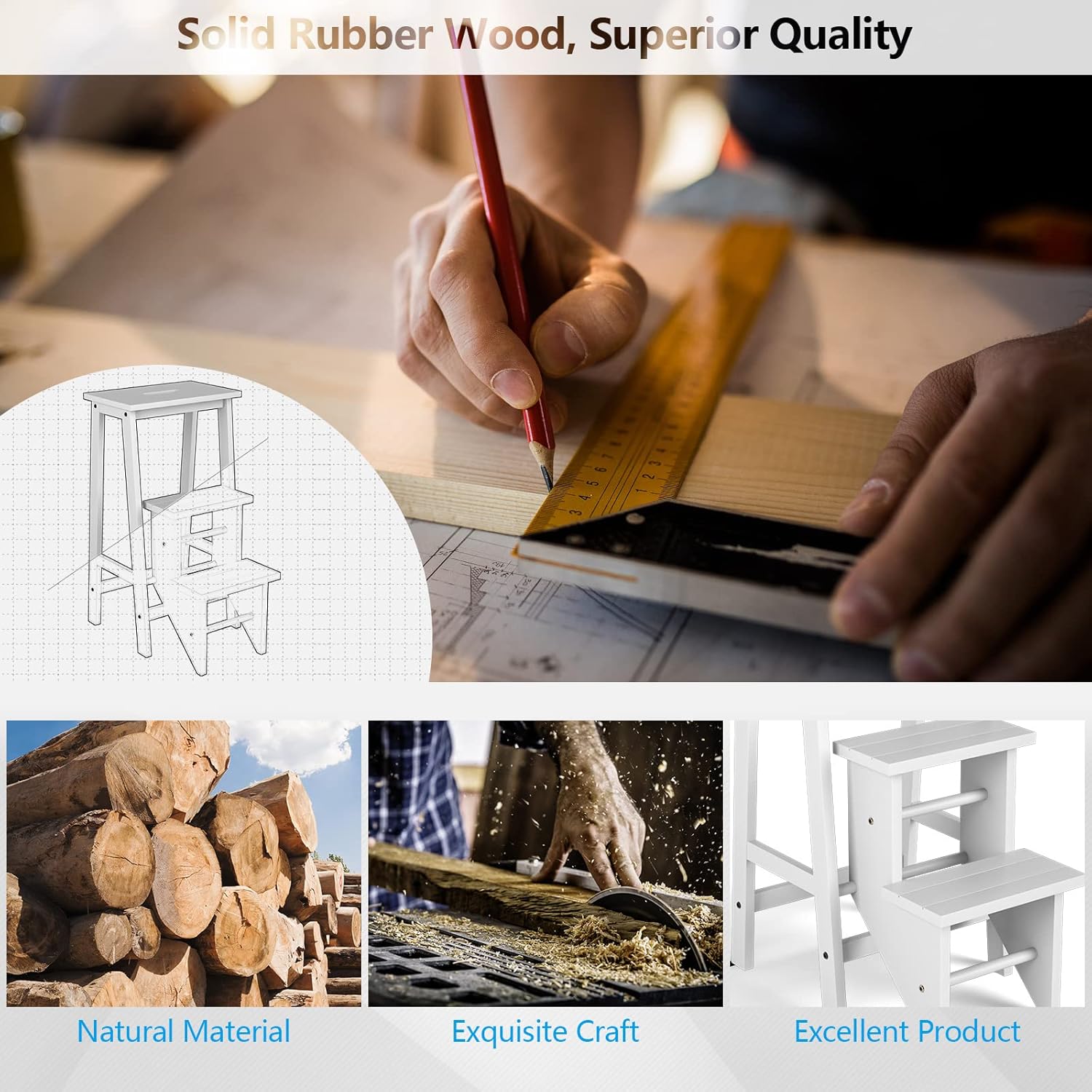 Tabouret Escabeau Pliable 3 Marches, Escabeau Marchepied en Bois Massif, Tabouret d'Échelle Multifonctionnel, avec Marches Réversibles (Blanc) - 3