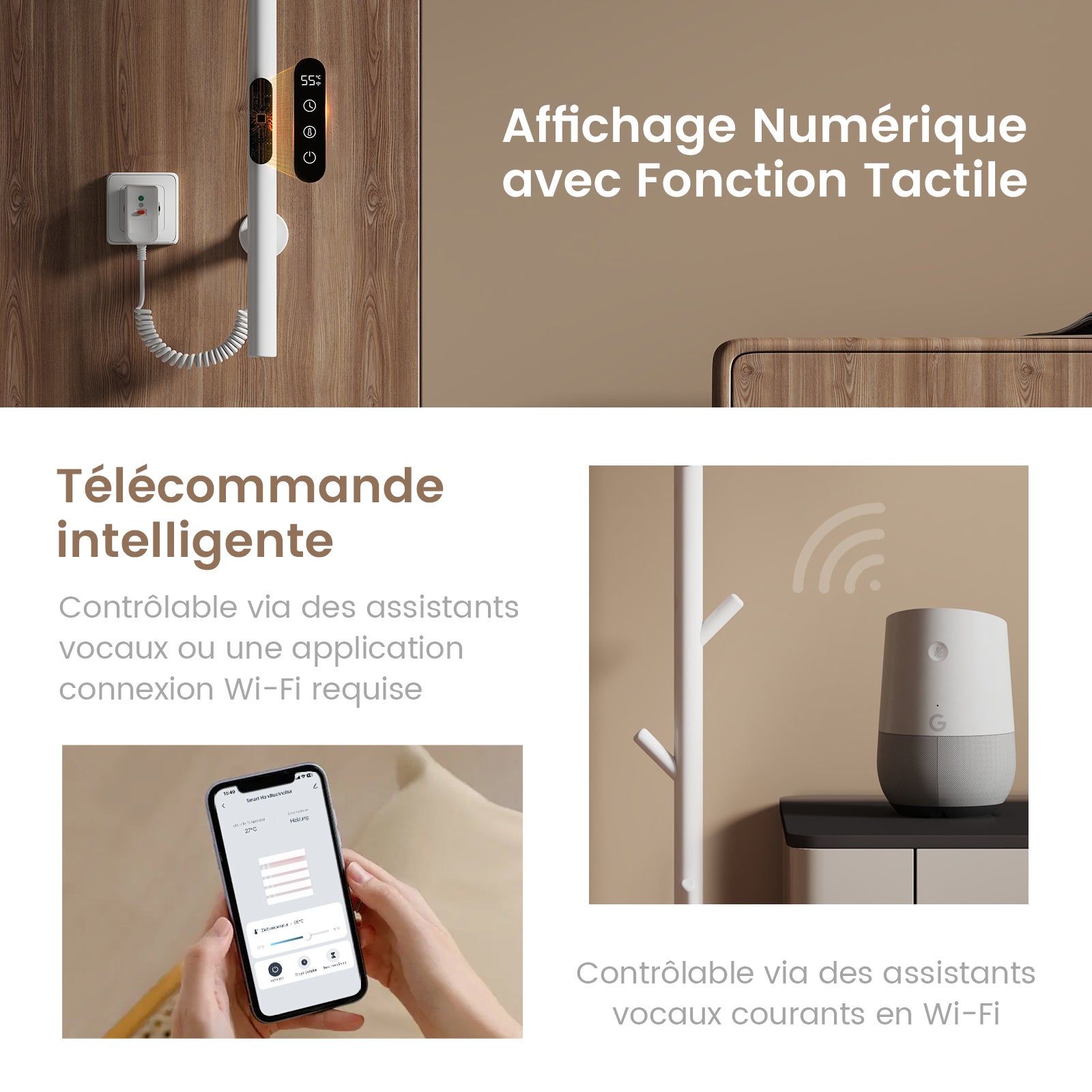 EMKE Chauffe-serviettes Électrique, thermostat intelligent WiFi, sèche-serviettes électrique, barre unique, 150 cm de hauteur, Blanc - 3