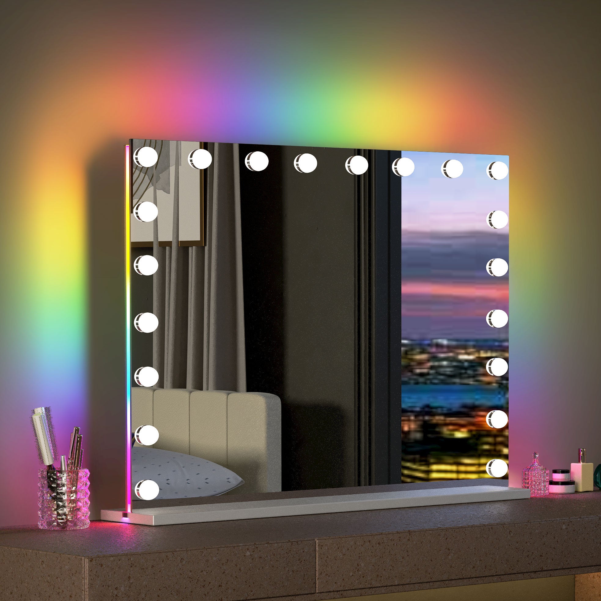 Hansong Specchio Da Trucco Hollywood Con Luci LED A 3 Colori, 9 Lampadine Dimmerabili, Touch Screen, Rotazione 360°, Specchio Ingranditore 10x Staccabile