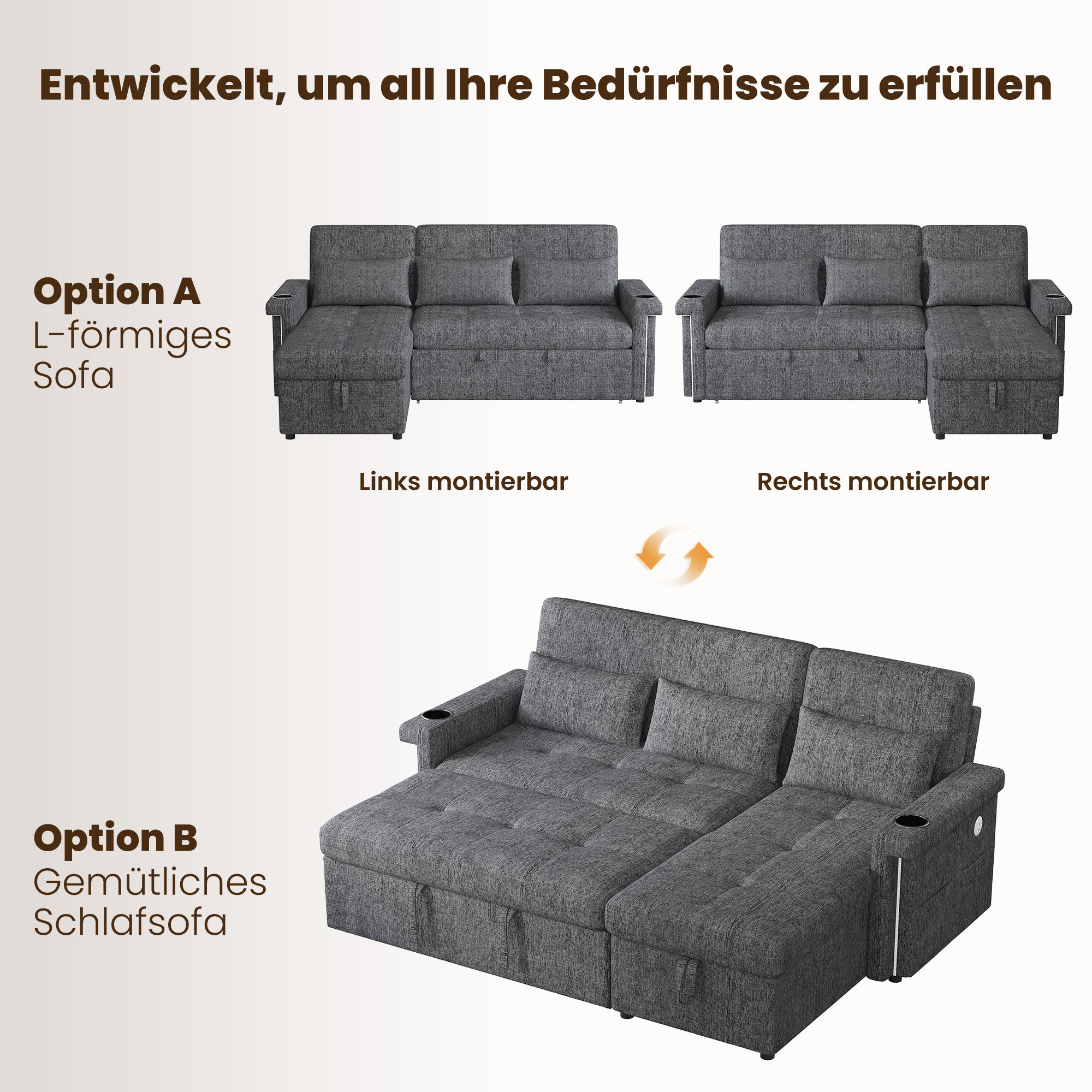 Narożnik 3-osobowy z funkcją spania, regulowanym oparciem i diodami LED - 209 x 141,5 x 90 cm - Tkanina szenilowa - Beżowy - 7
