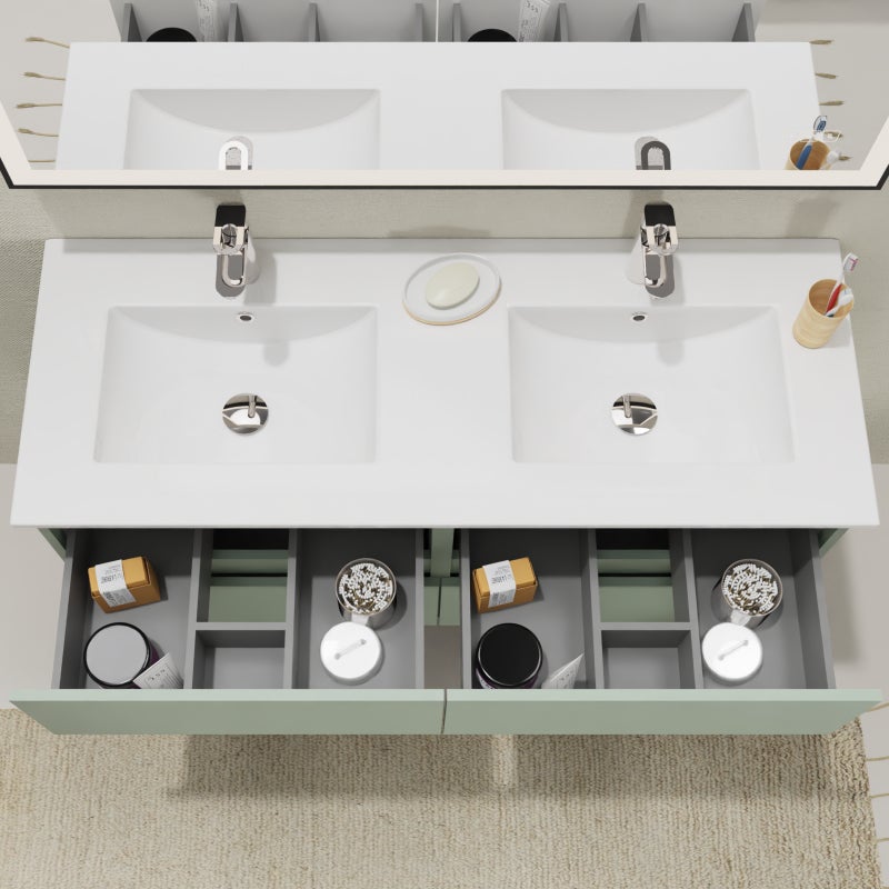 Meuble salle de bain 120 cm - Double vasque céramique - Vert mat - A suspendre - Karaib 2 - 2