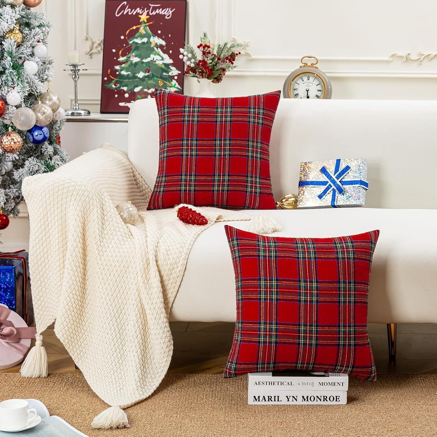 Housse Coussin Noel 45x45 cm Rouge Tartan Ecossais Plaid Taies d'oreiller à Carreaux Housses de Coussin Douces pour Canapé Salon Intérieur Deco Décora - 4