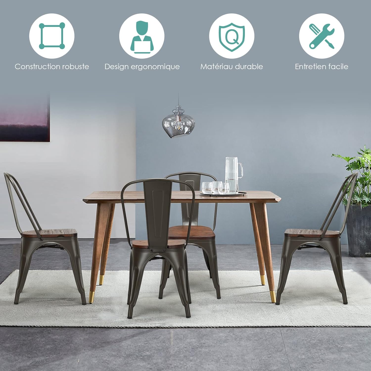 Lot de 4 Chaises en Métal Salle à Manger avec Assise en Bois d'Orme de Epaisseur 2cm, Style Industriel,Tabouret Empilable,Charge 150KG,Vintage - 5