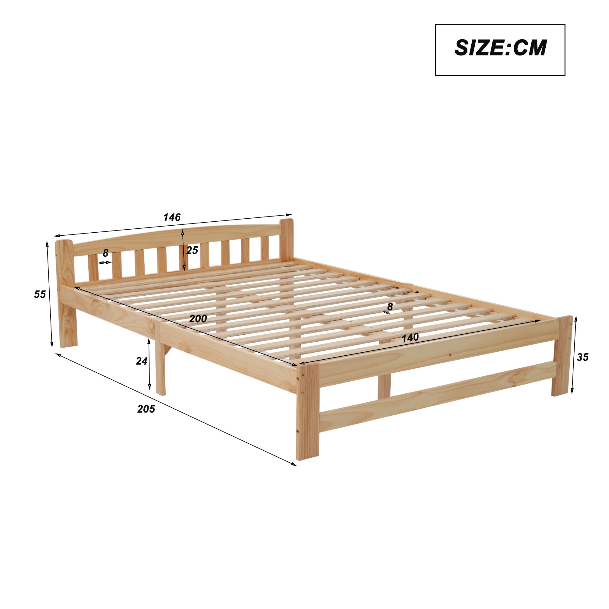Łóżko z solidnego drewna 140x200 cm - Głowa łóżka i podsprężyna z listewkami - Sosna naturalna - Środkowe nogi dla stabilności - Czaseless design - 5