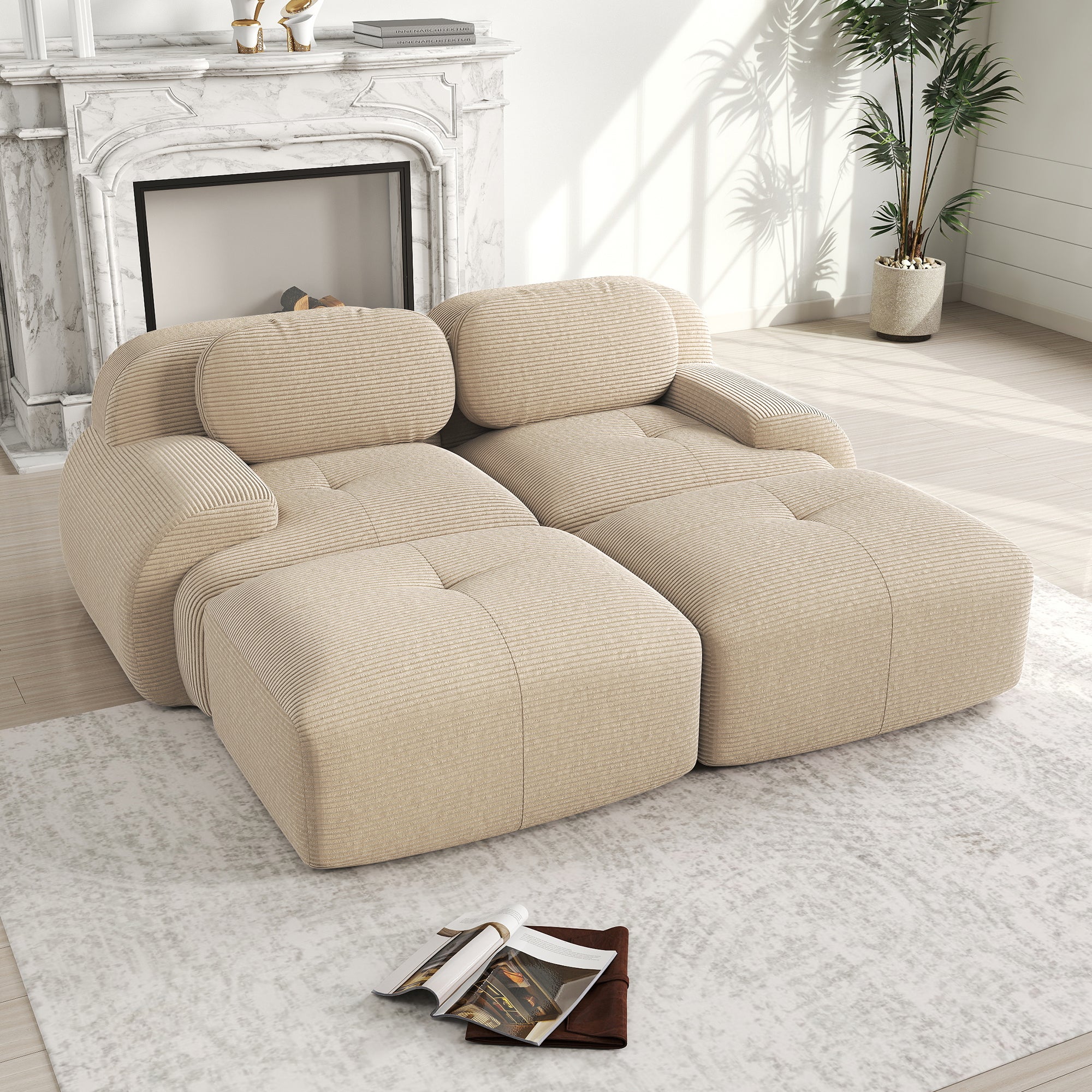 Canape 2 places en velours côtelé Beige, Canapé modulable avec appui et base anti, Petit canapé Rembourrage haute élasticité - 3