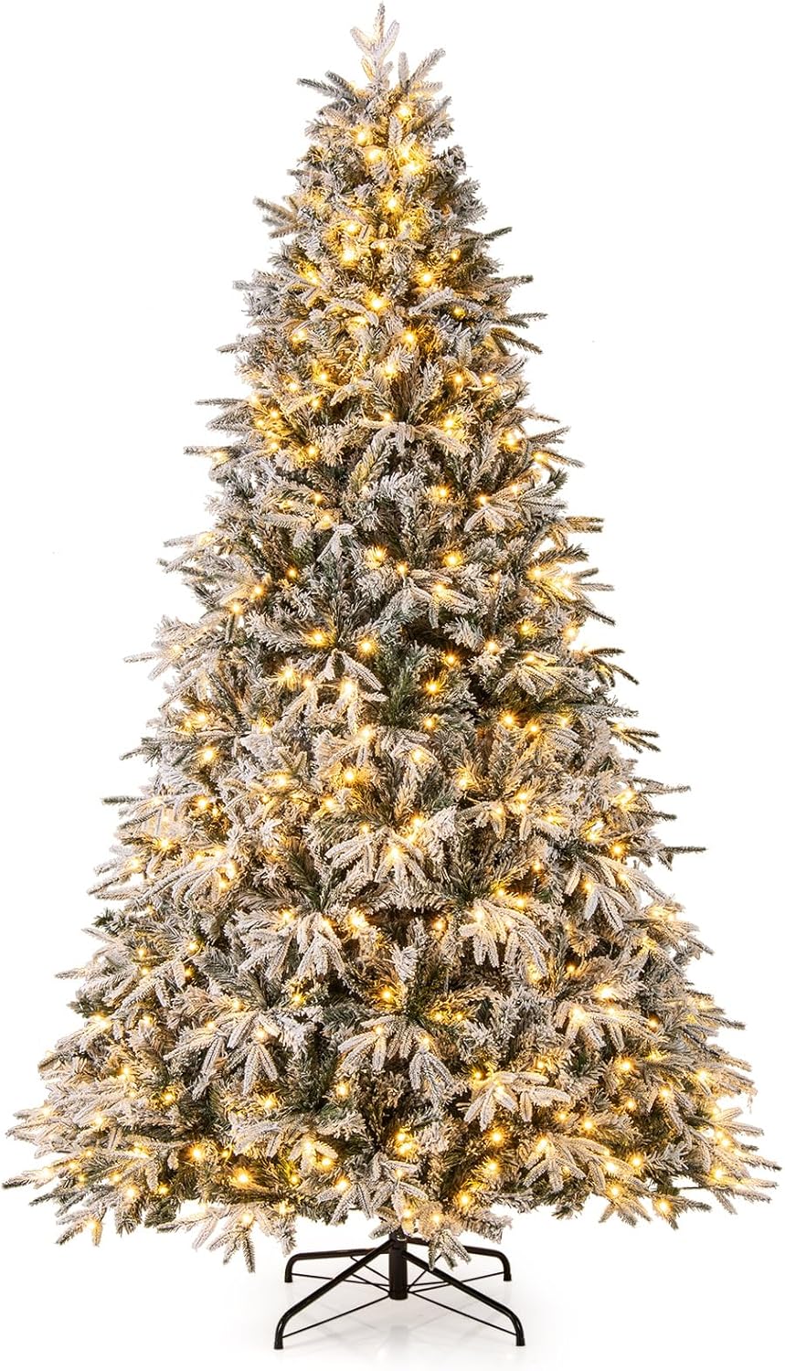 Sztuczna Choinka Bożonarodzeniowa z Oświetleniem 270 cm, 600 Lampek LED w Kolorze Ciepłej Bieli, 2198 Gałęzi Pokrytych Śniegiem, Metalowa Podstawa