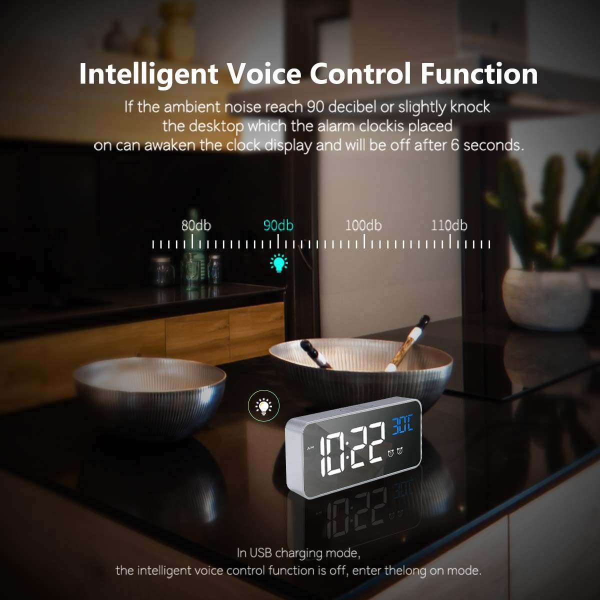 Réveil numérique, réveil LED avec fonction snooze, chargement USB (argent) - 4