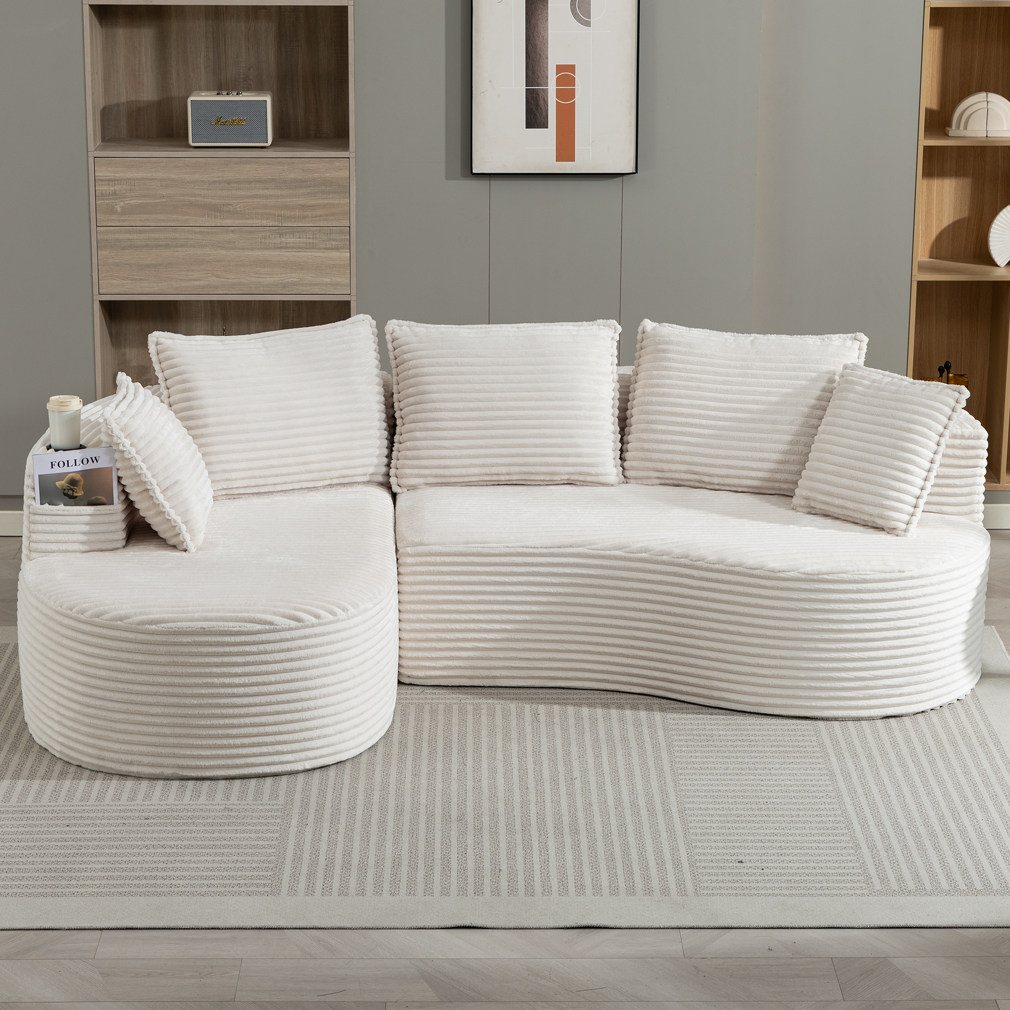 Canapé incurvé en velours côtelé souple 250 x 152 x 82 cm Canapé 3-4 Places avec porte-gobelet, poche de rangement et Coussins Beige - 2