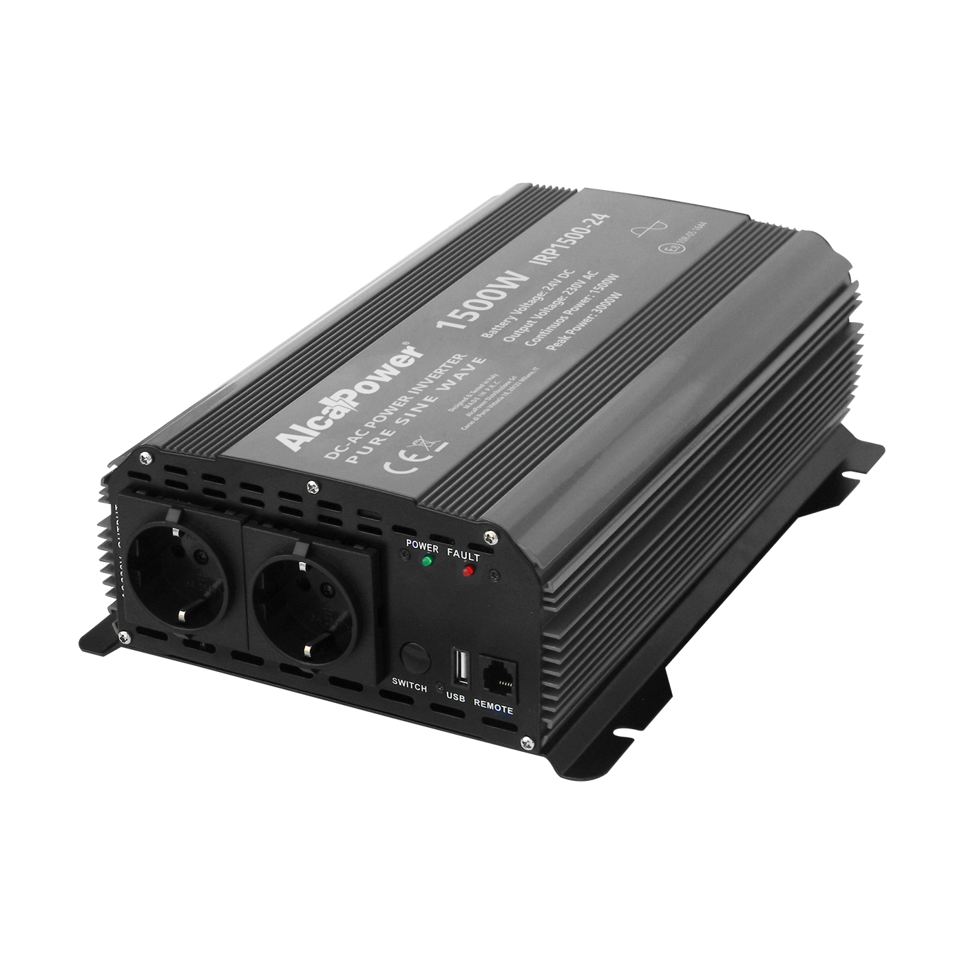 Alcapower - invertor sinusoid 1500W 24V (putere de vârf 3000W), priză dublă Schuko și USB, pentru camioane, autobuze și cabane solare