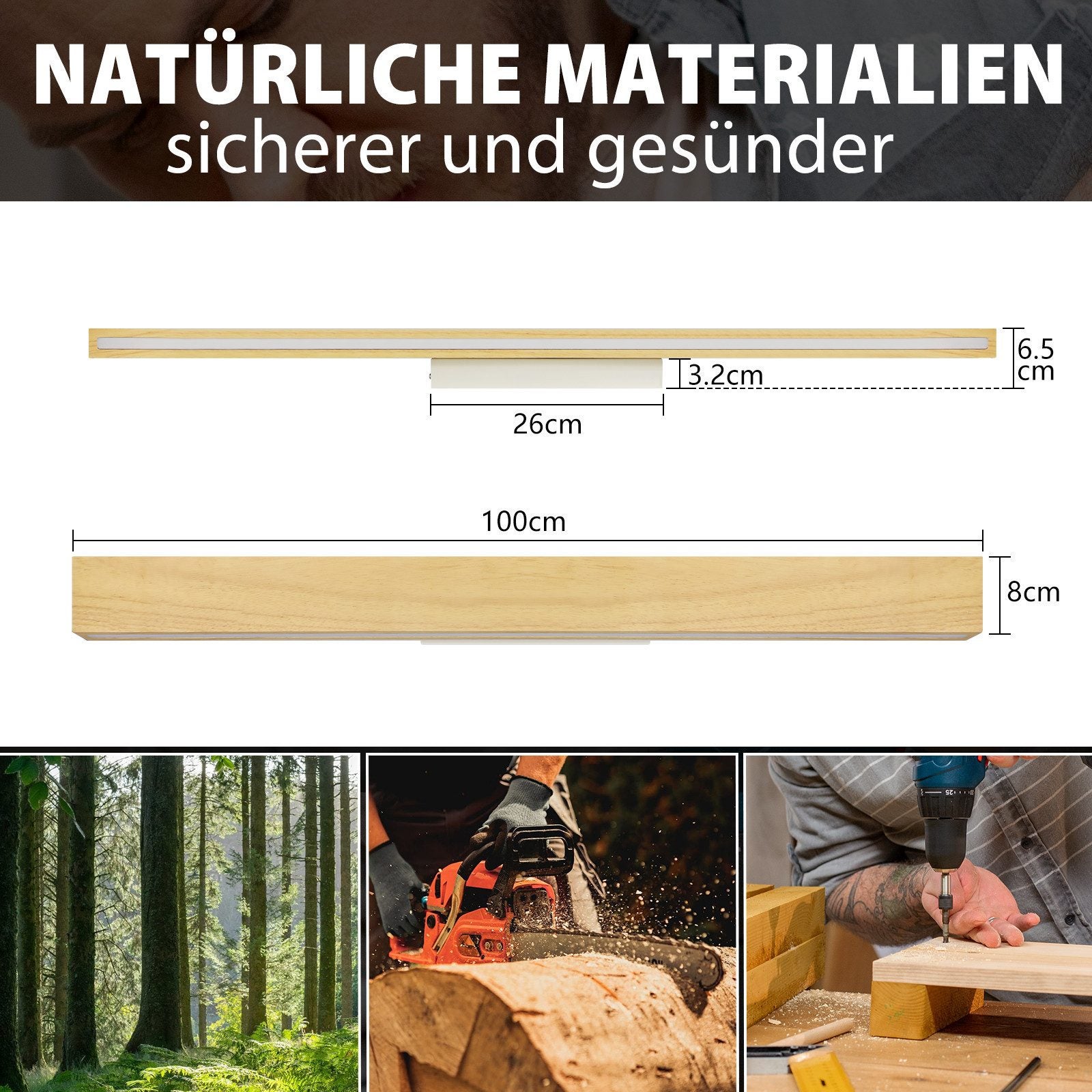 Applique da parete a LED NETTLIFE, lampada da parete per interni in legno - 100 cm, 36 W, luce indiretta moderna su e giù, luce bianca calda 3000 K. - 4