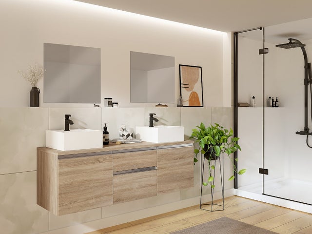 Meuble de salle de bain suspendu avec double vasque et miroirs - Naturel clair - 150 cm - JIMENA II