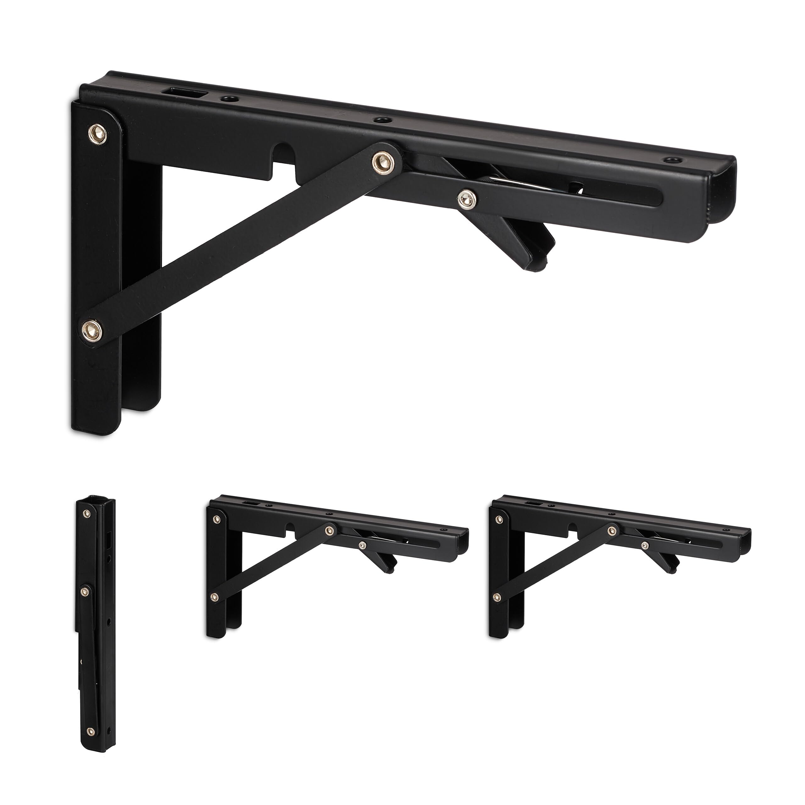 Zestaw 4 wsporników ściennych, składane mocowania do ściany, wsporniki, metal, wys. x szer. x gł.: 11 x 3 x 20 cm, czarne