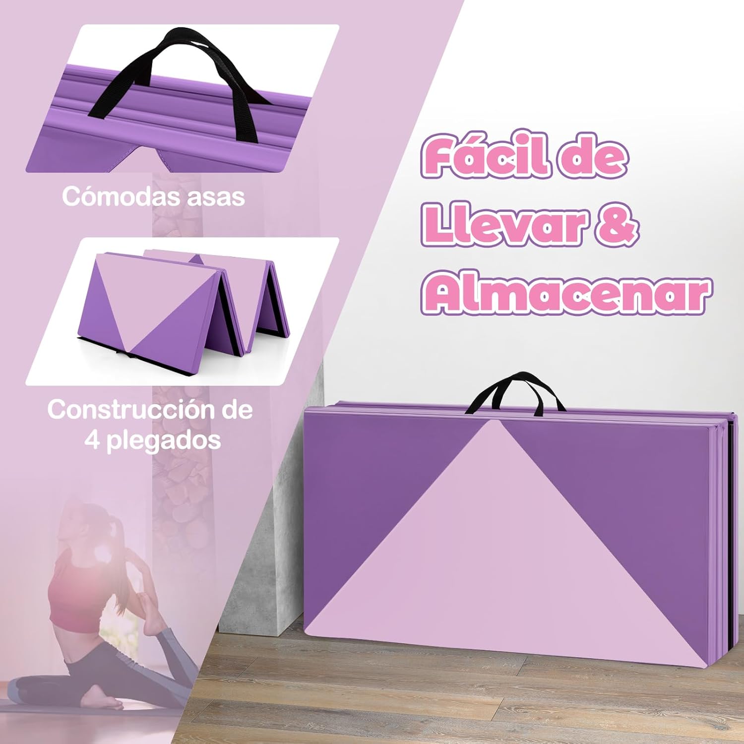 Tapete de ginástica dobrável, 240 x 117 x 5 cm, 4 dobras e alças laterais para transporte, tapete de ginástica em couro impermeável, ioga - 4