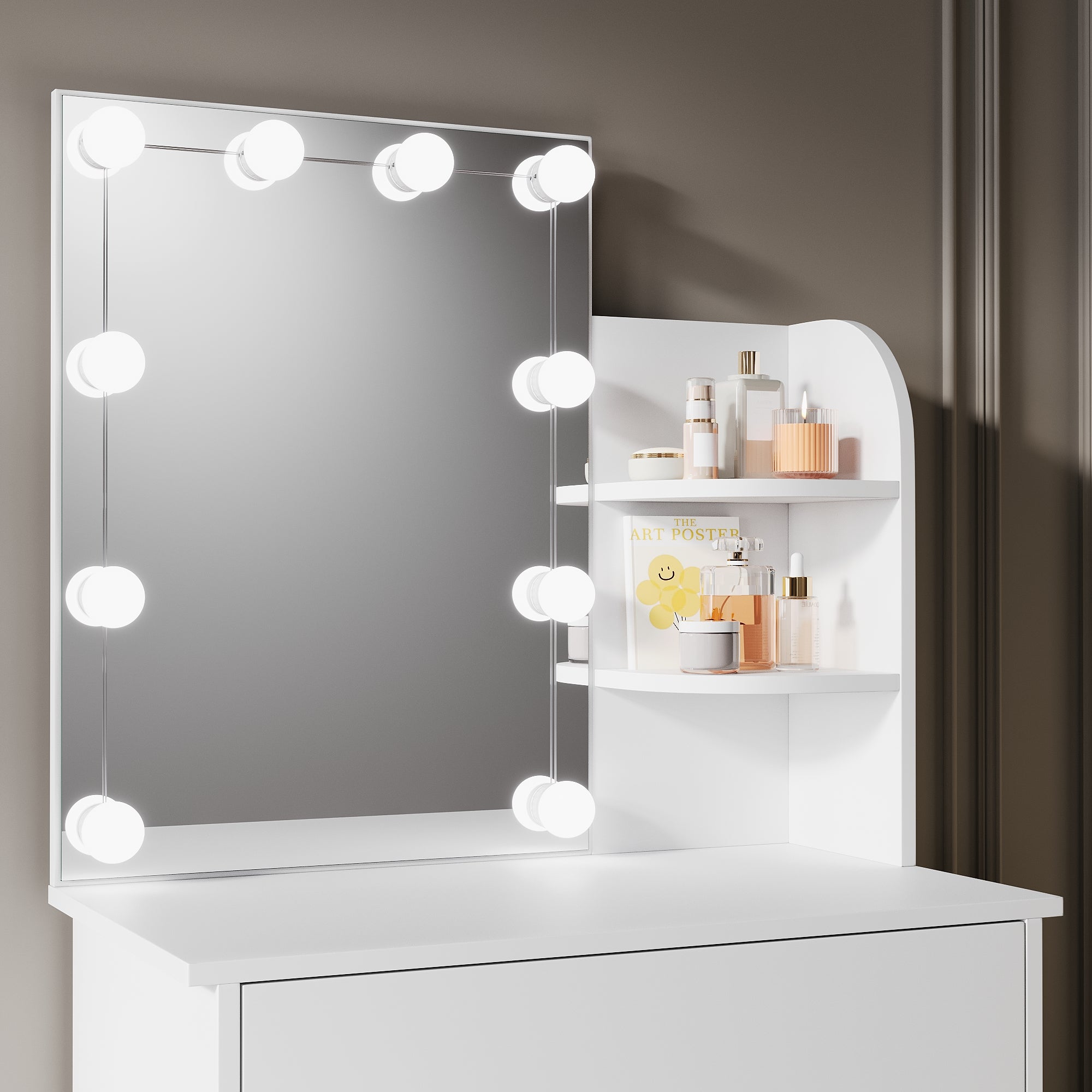 Coiffeuse Avec Miroir Lumineux LED – 10 Ampoules, 3 Modes Lumière, 7 Tiroirs + 4 étagères | Prises USB Et Support Sèche-cheveux | Noir Moderne - 4