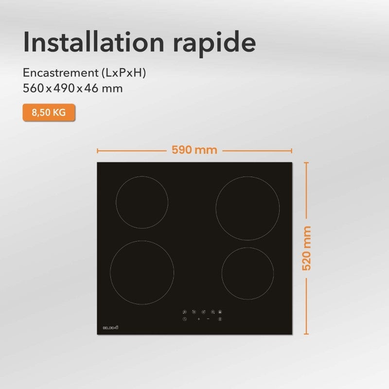 BELDEKO - Plaque Vitrocéramique 4 Feux, 6000W Vitrocéramique 4 Foyers, Plaque de Cuisson Vitrocéramique, Minuteur Multi-zones, - 8