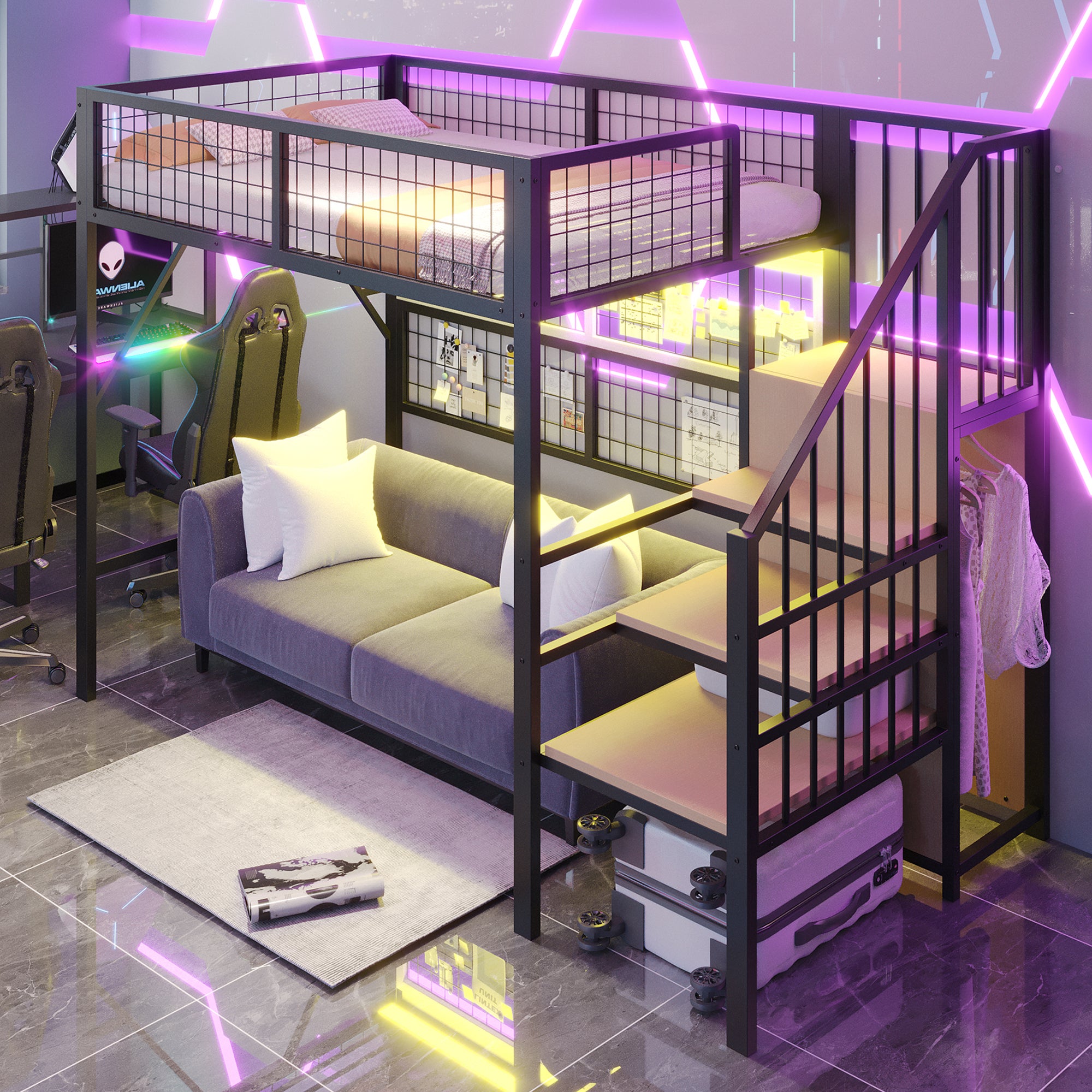 Łóżko piętrowe 90 x 200 cm z wielofunkcyjną siatką i otwartą szafą - Metal i MDF - Diody LED - Czarne (Bez materaca)