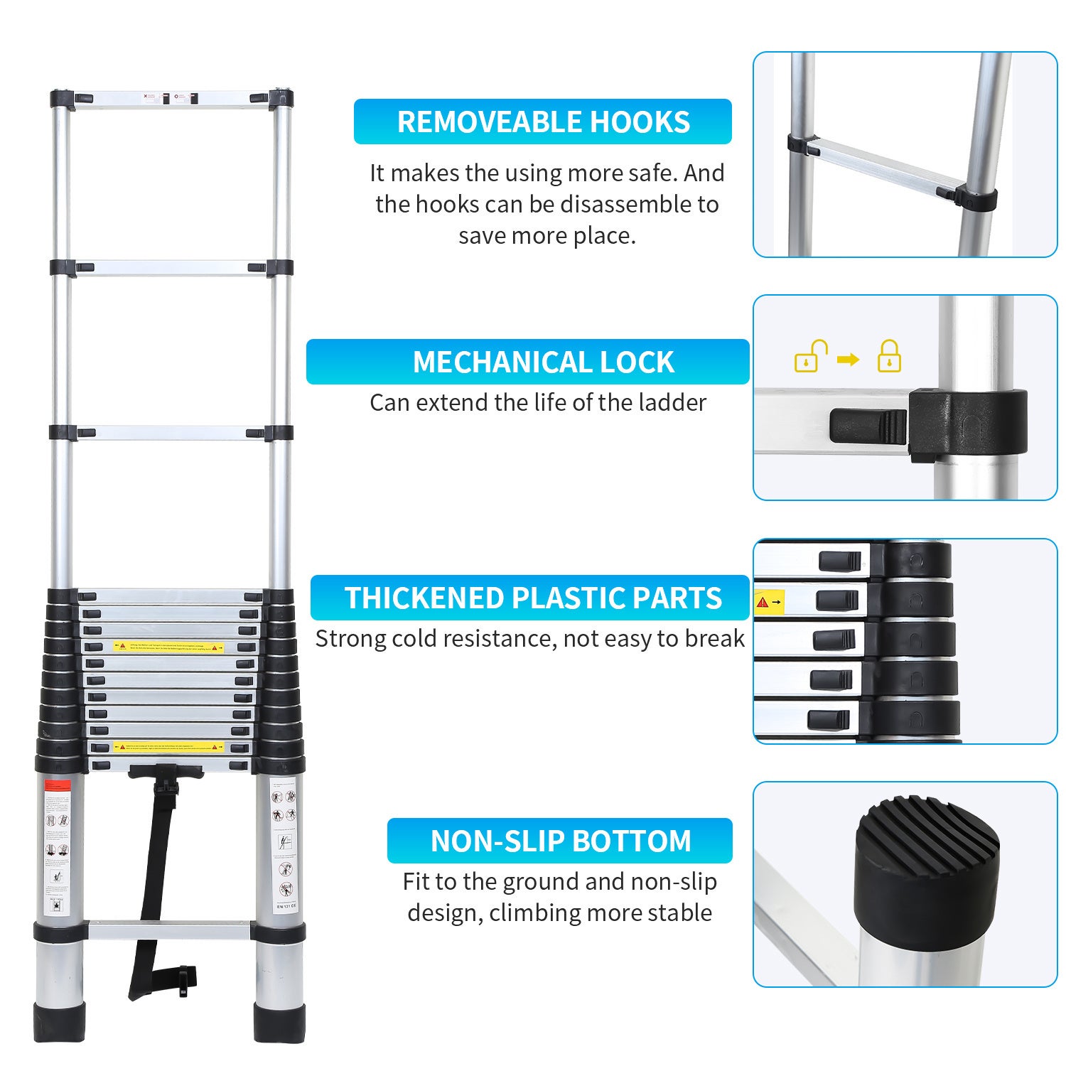 Échelle télescopique escabeau 2,6m argentée avec crochets amovibles, multifonction, 150kg - 5