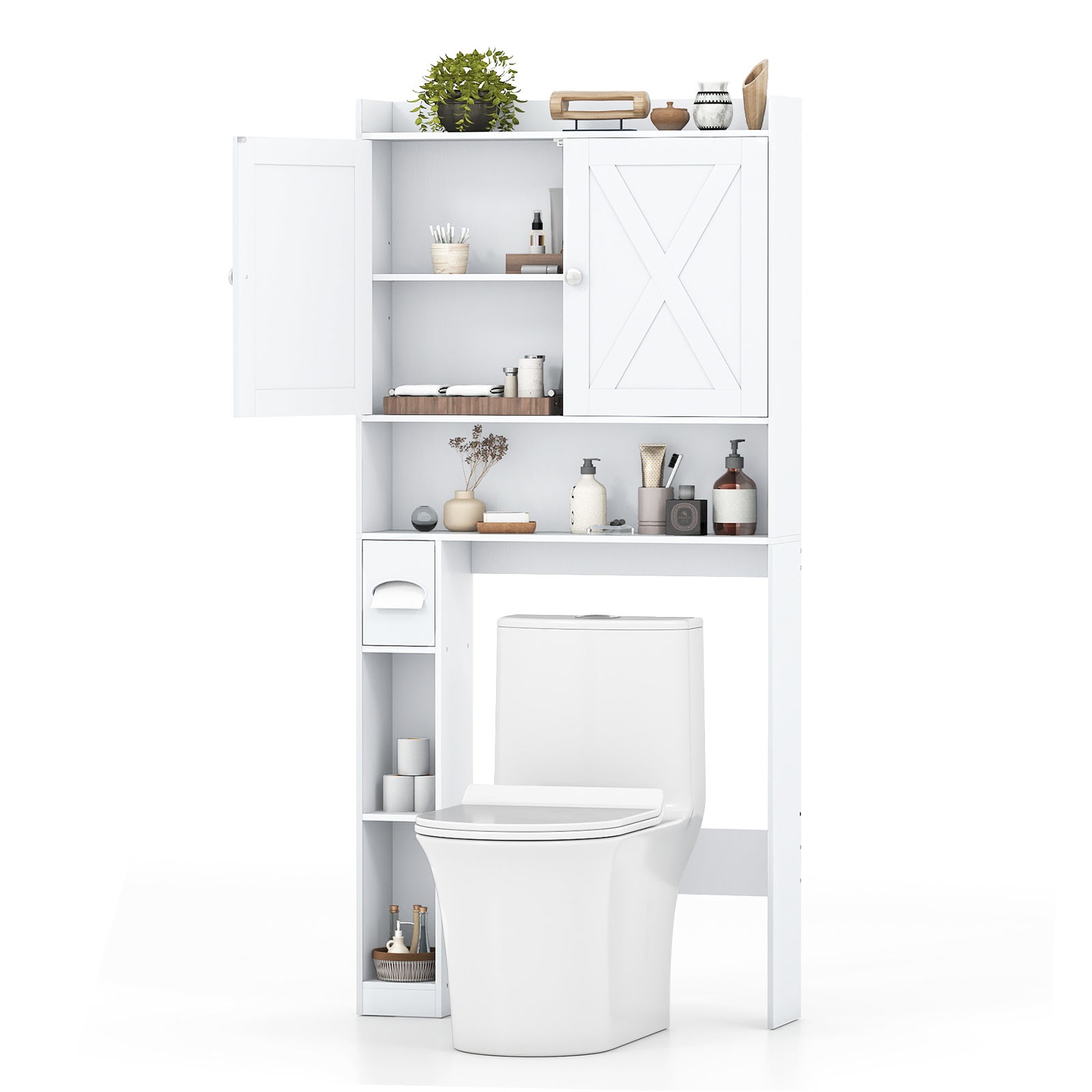 Mueble de baño con estante, 81,5 x 19,5 x 172,5 cm, puerta doble, estante ajustable, portarrollos, mueble de almacenaje compacto