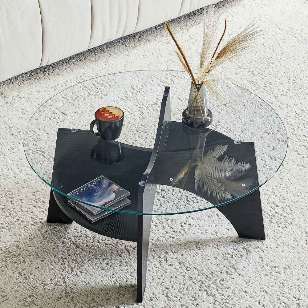 Okrągły stolik boczny ze szkła hartowanego Ø80 cm, nowoczesny design, wachlarzowa podstawa i czarne nogi MDF – idealny do salonu, jadalni i biura