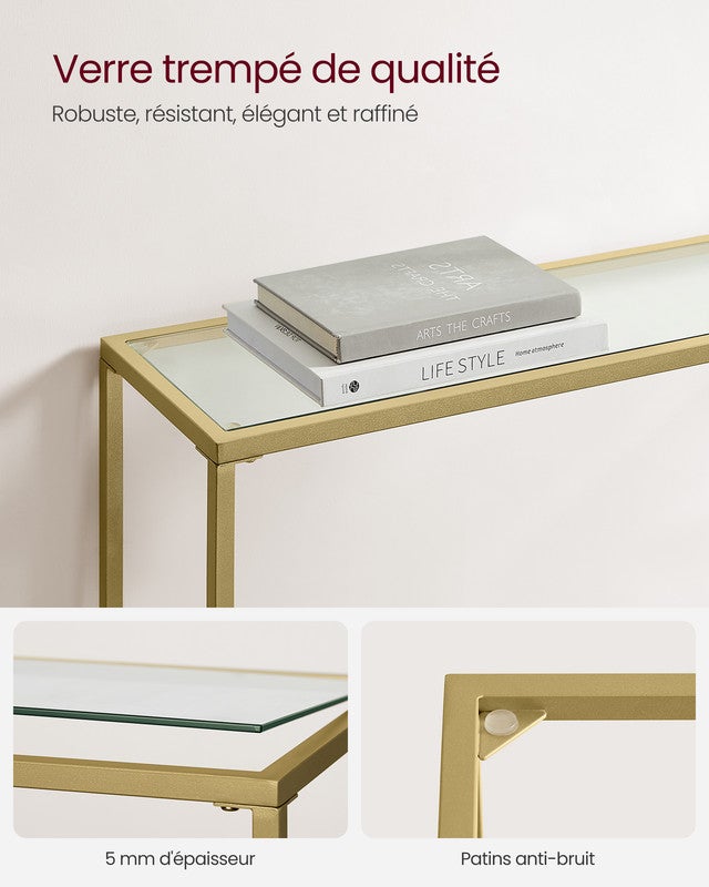 Table Console, Table d'Entrée, Bout de Canapé, Dessus de Table en Verre Trempé, Montage Facile, Pieds Réglables, Doré Clair et Transparent - 4
