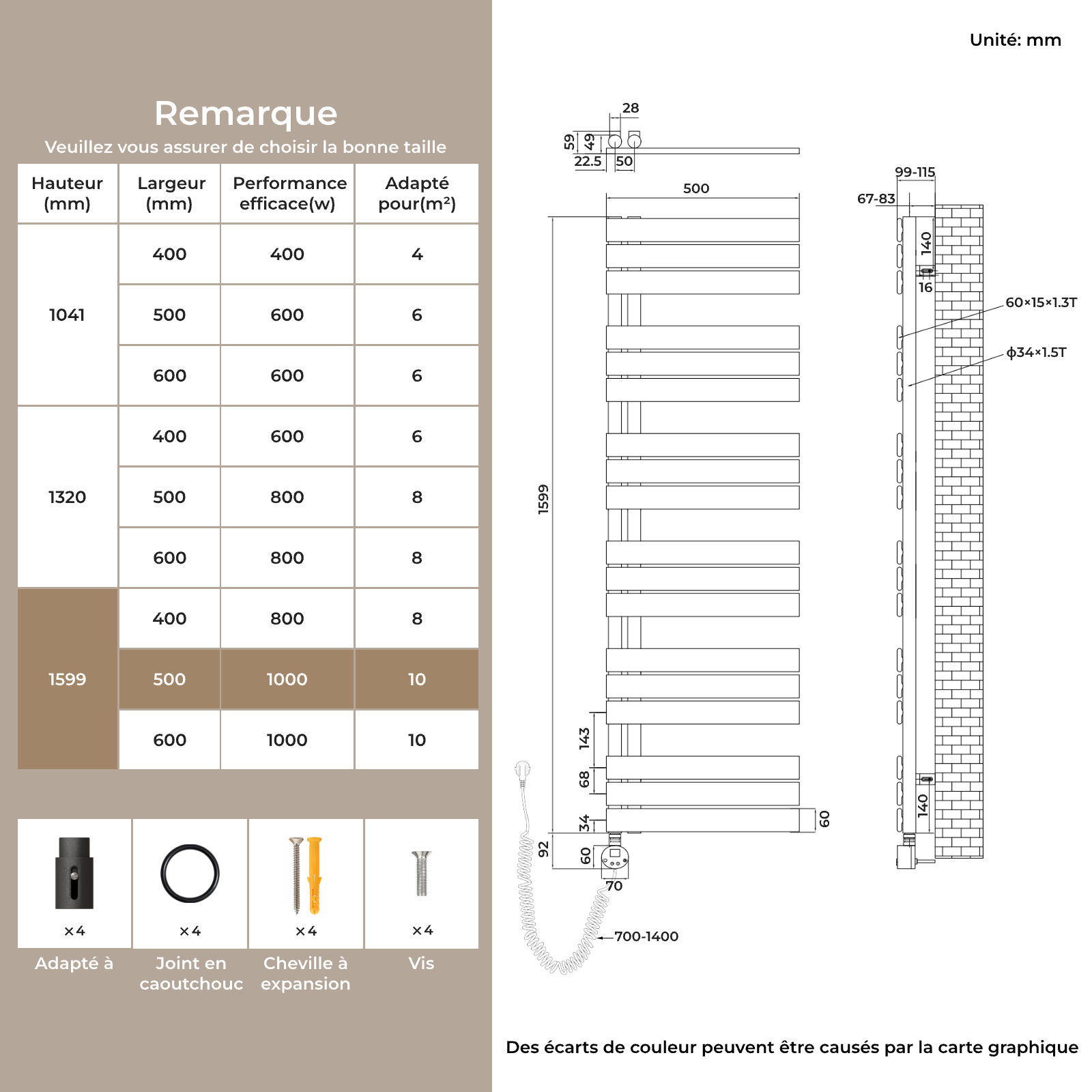 S'AFIELINA Sèche-serviettes électrique connecté WiFi avec thermostat digital, tige chauffante programmable, Anthracite,159,9x50 cm 1000Watts - 9