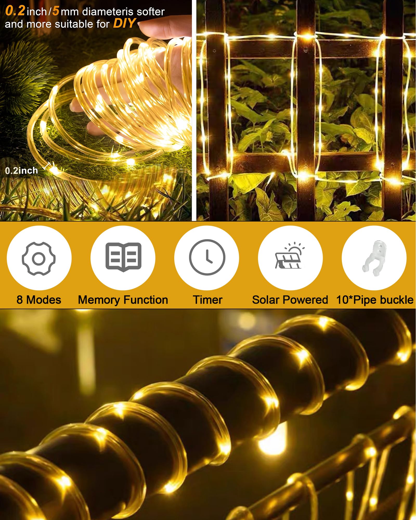 Guirlande Solaire Extérieur Tube, 12m 100 LED Guirlande Lumineuse Solaire 8 Modes, Etanche, Décoration pour Jardin, terrasse, Balcon (Blanc Chaud) - 3