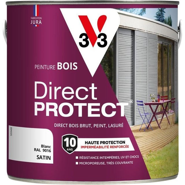Peinture bois extérieur V33 Direct Protect satin Blanc RAL 9016 2 L