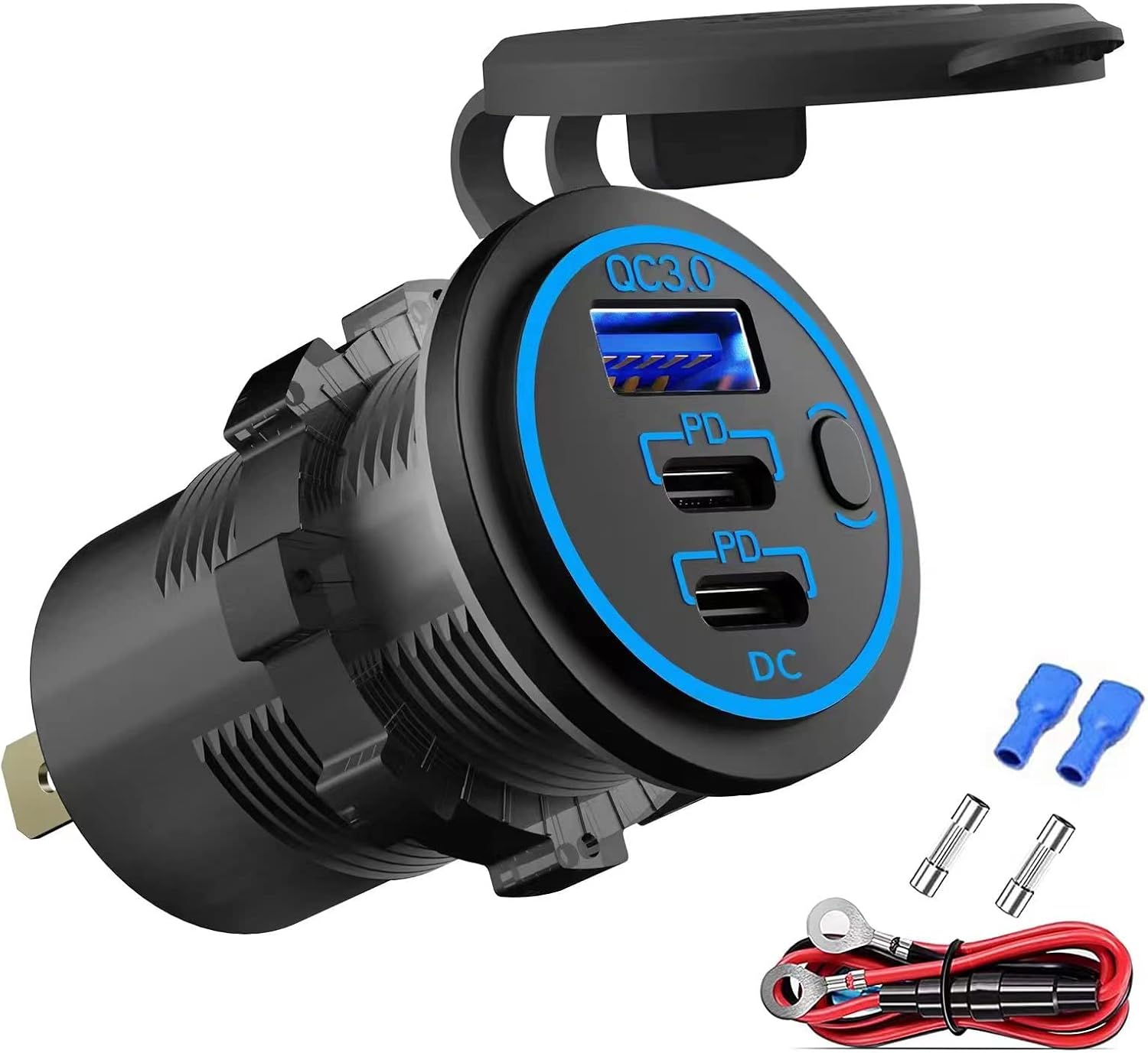 PD3.0 &amp; QC3.0 podwójne gniazdo USB 12V z przełącznikiem, szybkie ładowanie samochodu, łodzi, Androida/iPhone'a