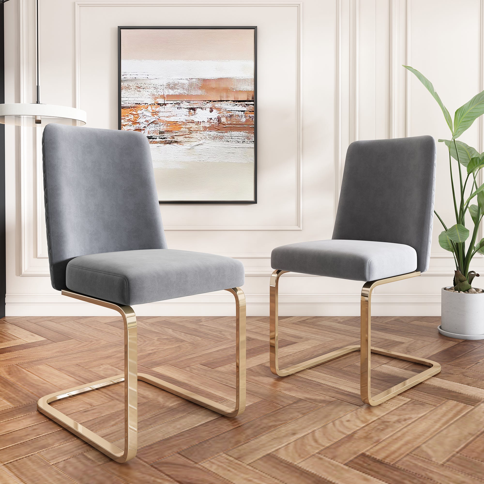 Lot de 2 Chaises de salle à manger en Velours Pied Doré - Rose Lot de 2 Chaises de salle à manger en Velours Pied Doré - Rose