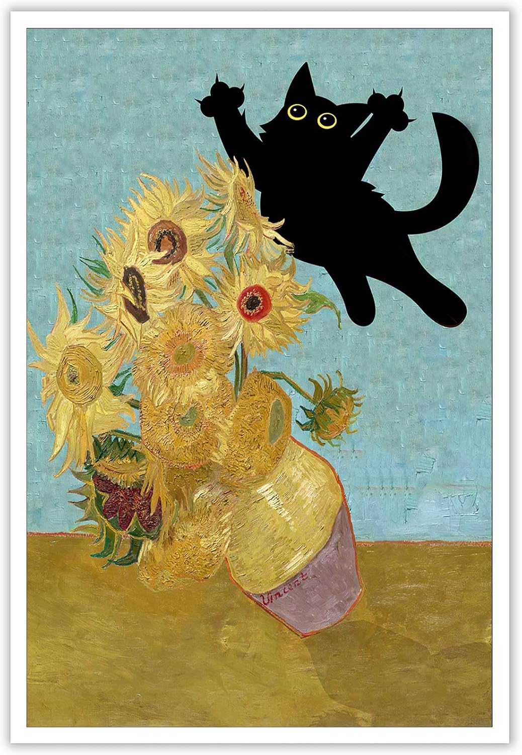 Plakat artystyczny Zabawny czarny kot Van Gogh Słonecznik Drukuj słodkie zwierzę Płótno Dekoracja ścienna 12x16 cali - bez kadru