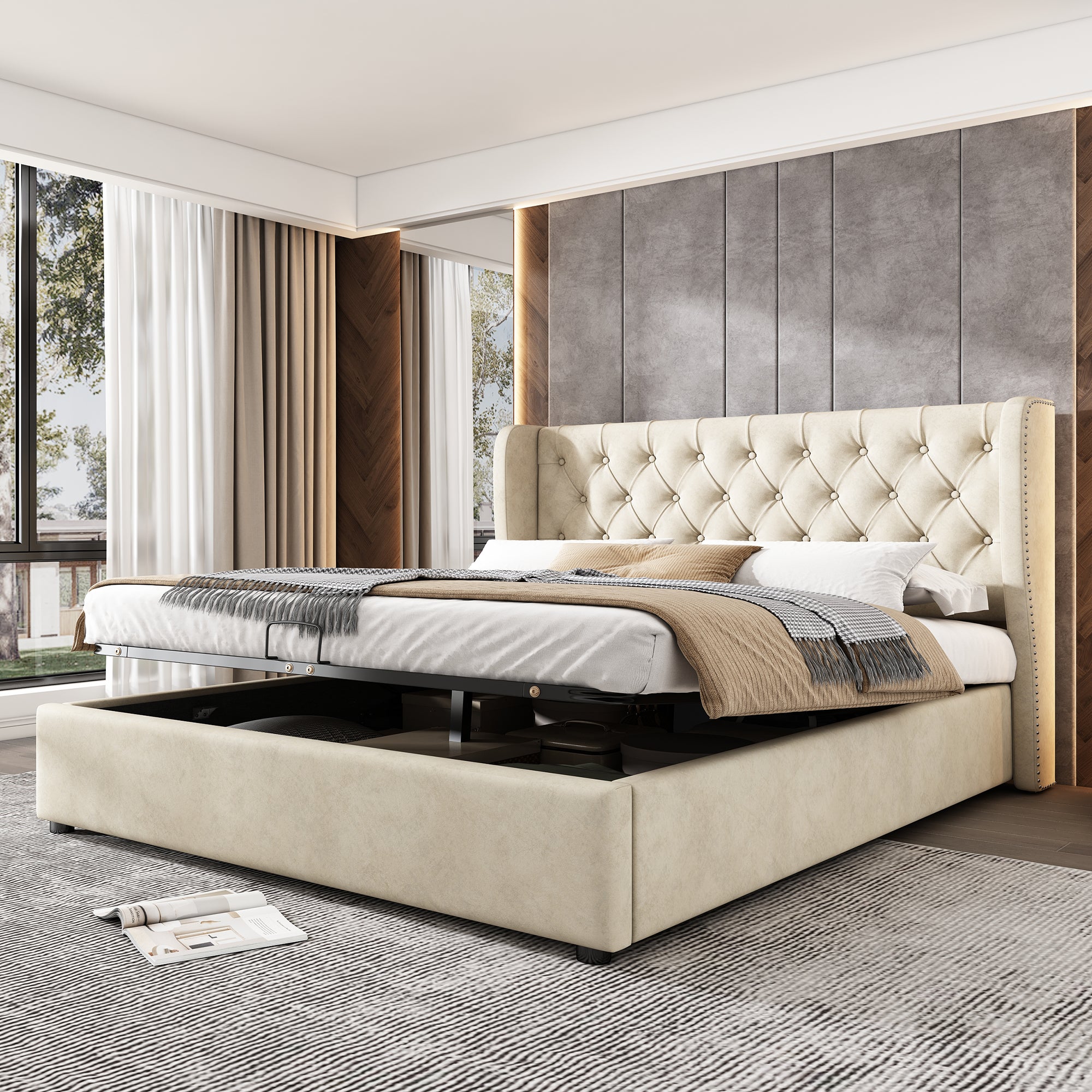 Lit coffre lit double 140x190 cm, fonction hydraulique, velours, beige, sans matelas - 5