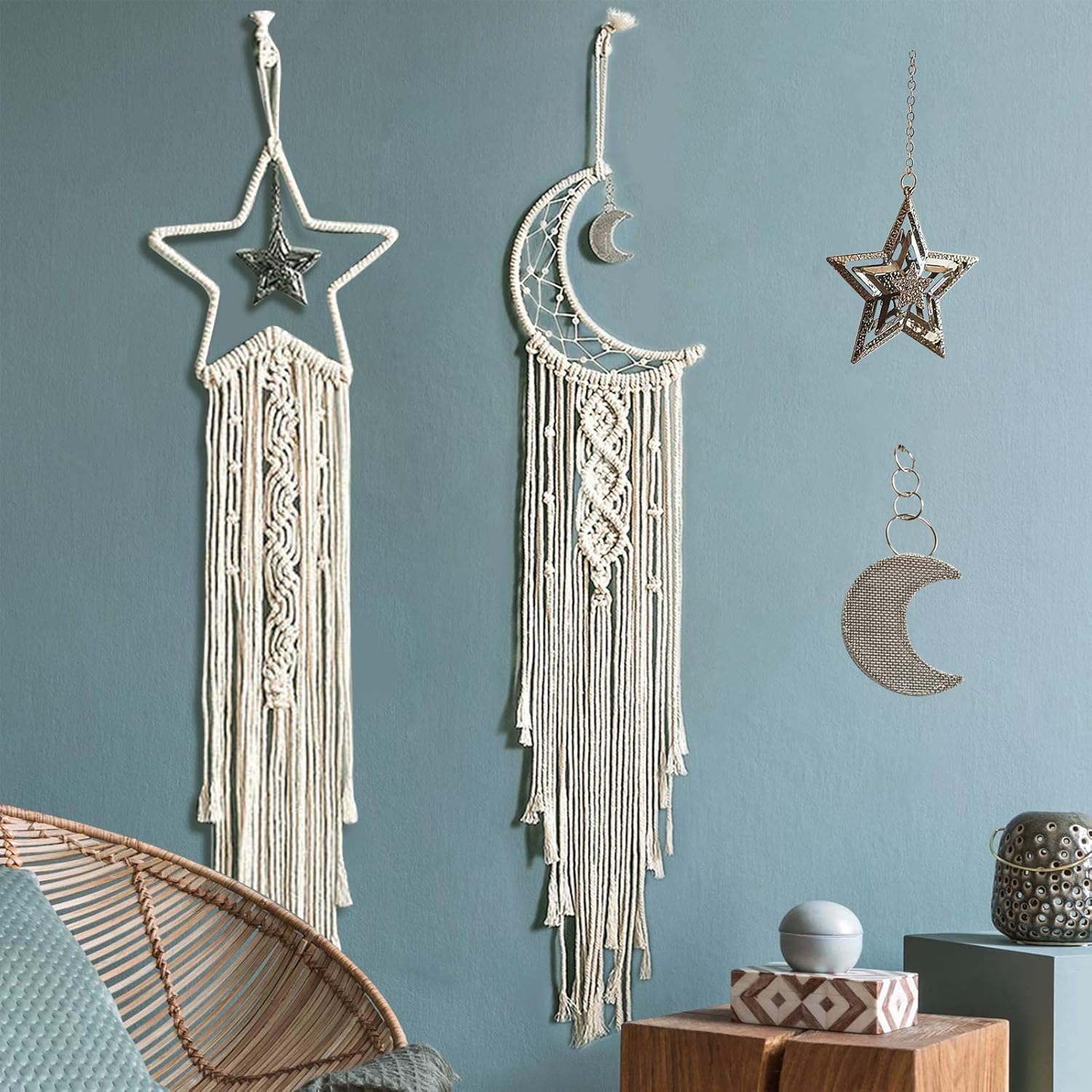 Attrape-rêves Lune Étoile, Lot de 2, Décoration murale bohème en macramé, idéal pour la chambre d'enfant ou de bébé, à offrir aux - 6