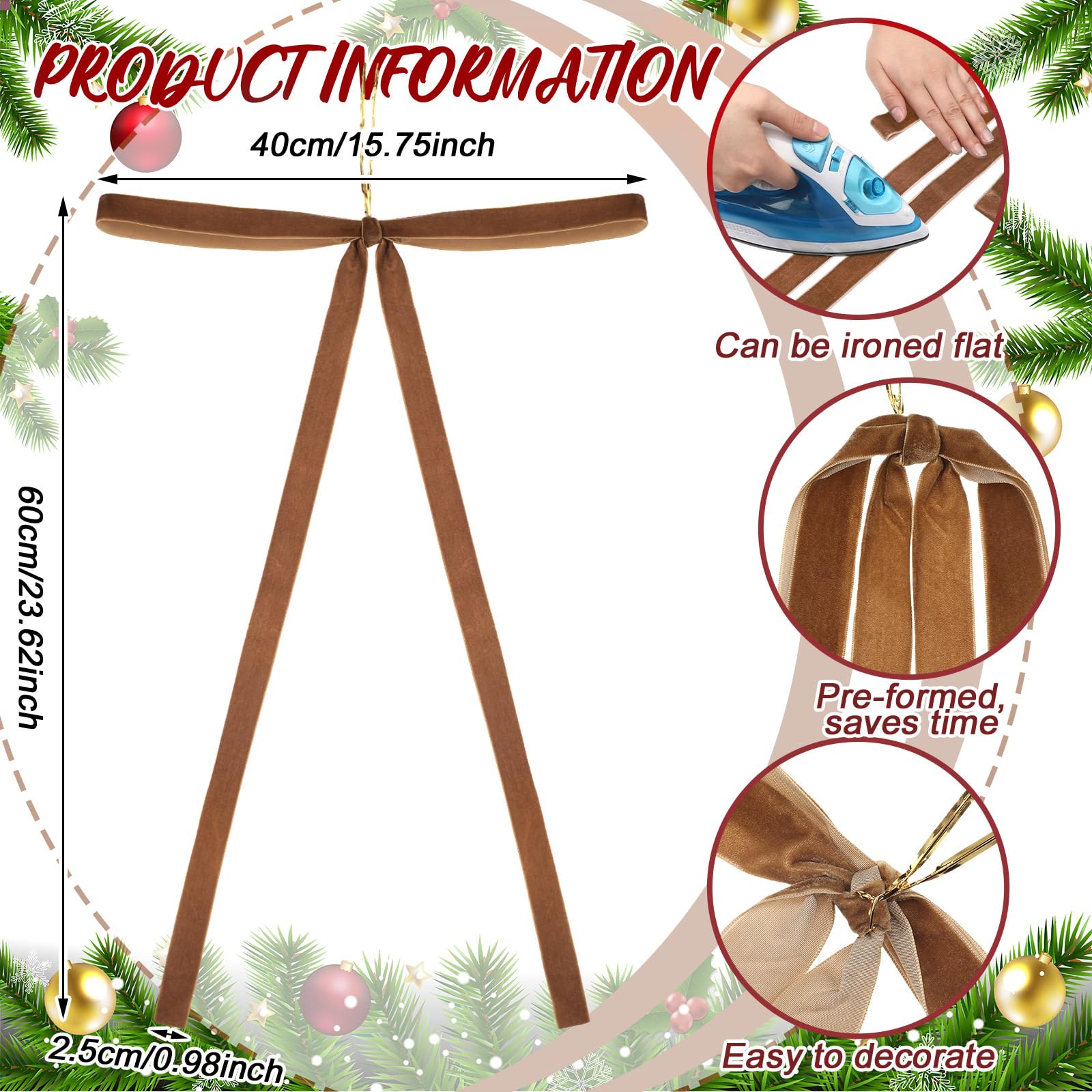 Lot de 6 nœuds de Noël en velours, grandes décorations de Noël vintage en velours, nœuds en ruban de velours pour sapins de Noël, marron - 2