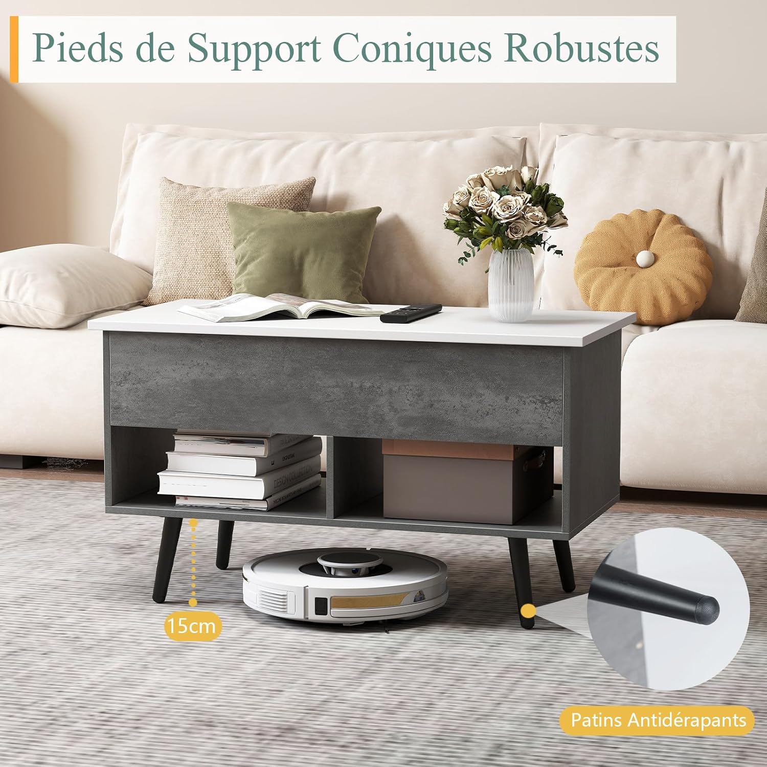 Tavolino Salotto Sollevabile in Legno, Tavolino da Caffè con Scomparto Nascosto e 2 Scaffali Aperti, Tavolino Basso e Modern per Soggiorno, Sa - 5