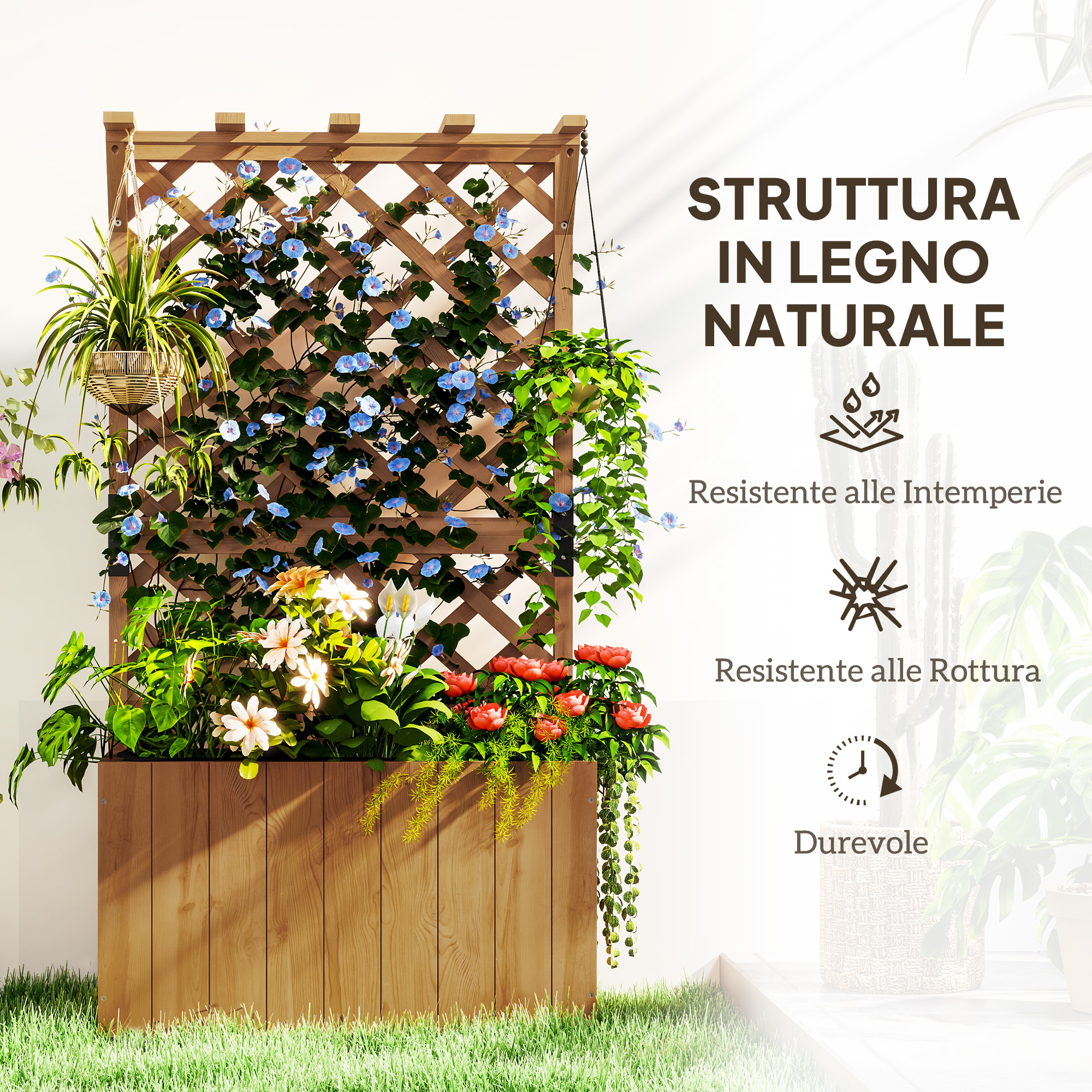 Jardinière surélevée avec treillis, toit pergola et trous de drainage, jardinière d'extérieur en sapin pour plantes grimpantes, fleurs,64x33x122 cm - 7