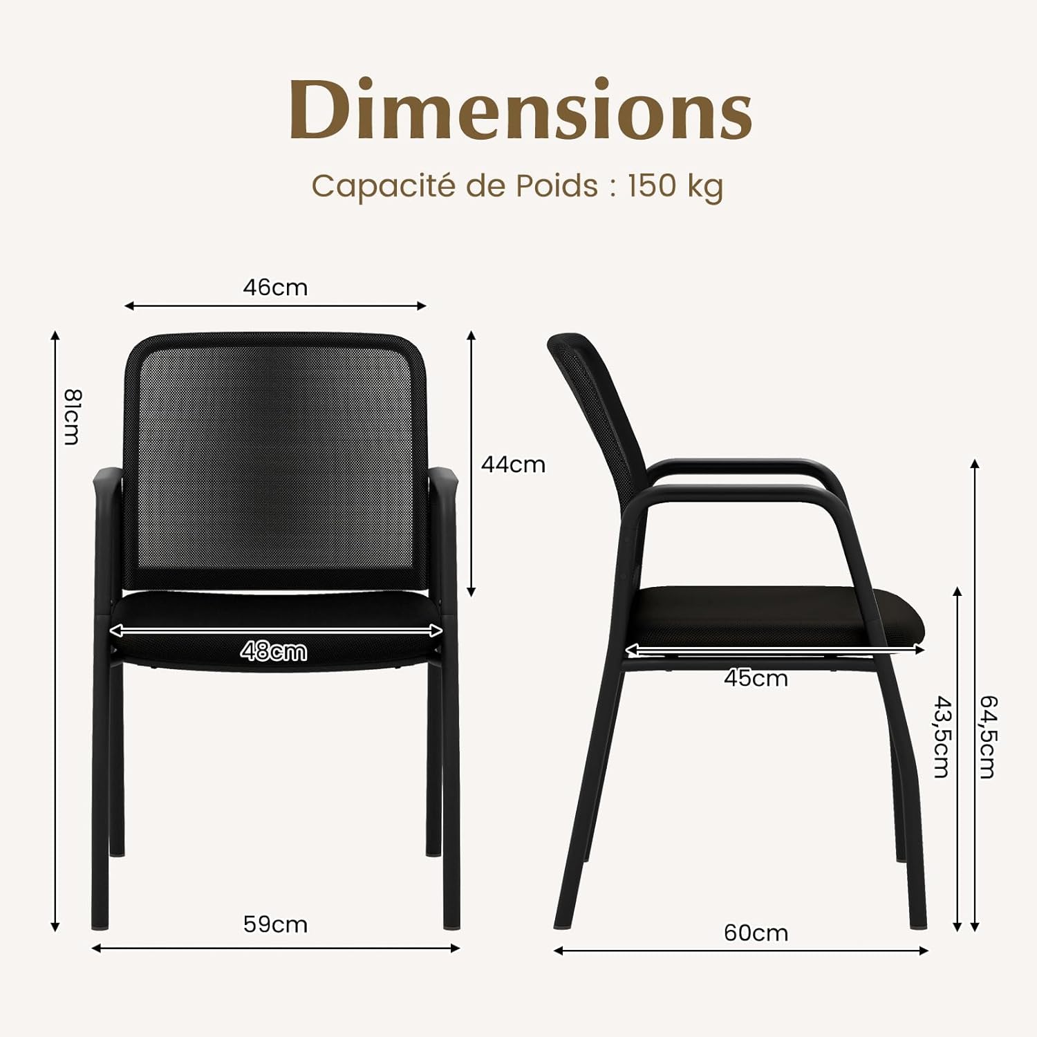 Set di 2 Sedie da Attesa, Sedia da Ufficio con con Schienale in Rete Ergonomico, Sedia da Conferenza con Braccioli e Sedile Imbottito, Portata - 3