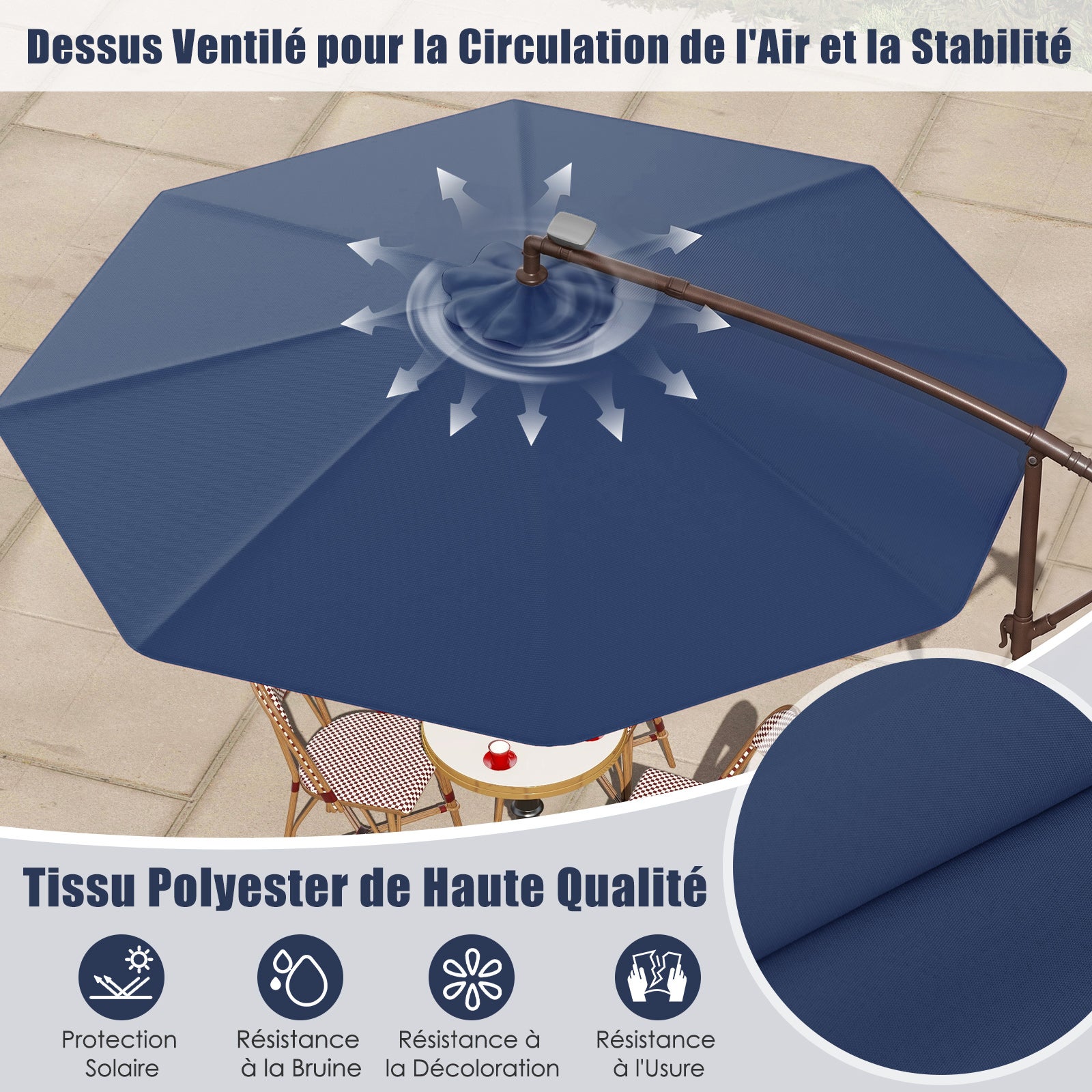 3M Parasol Déporté avec Lumière LED, Parasol de Jardin Extérieur 8 Baleines avec Base Croisée, Grand Parasol Inclinable avec Manivelle (Bleu Marine) - 8