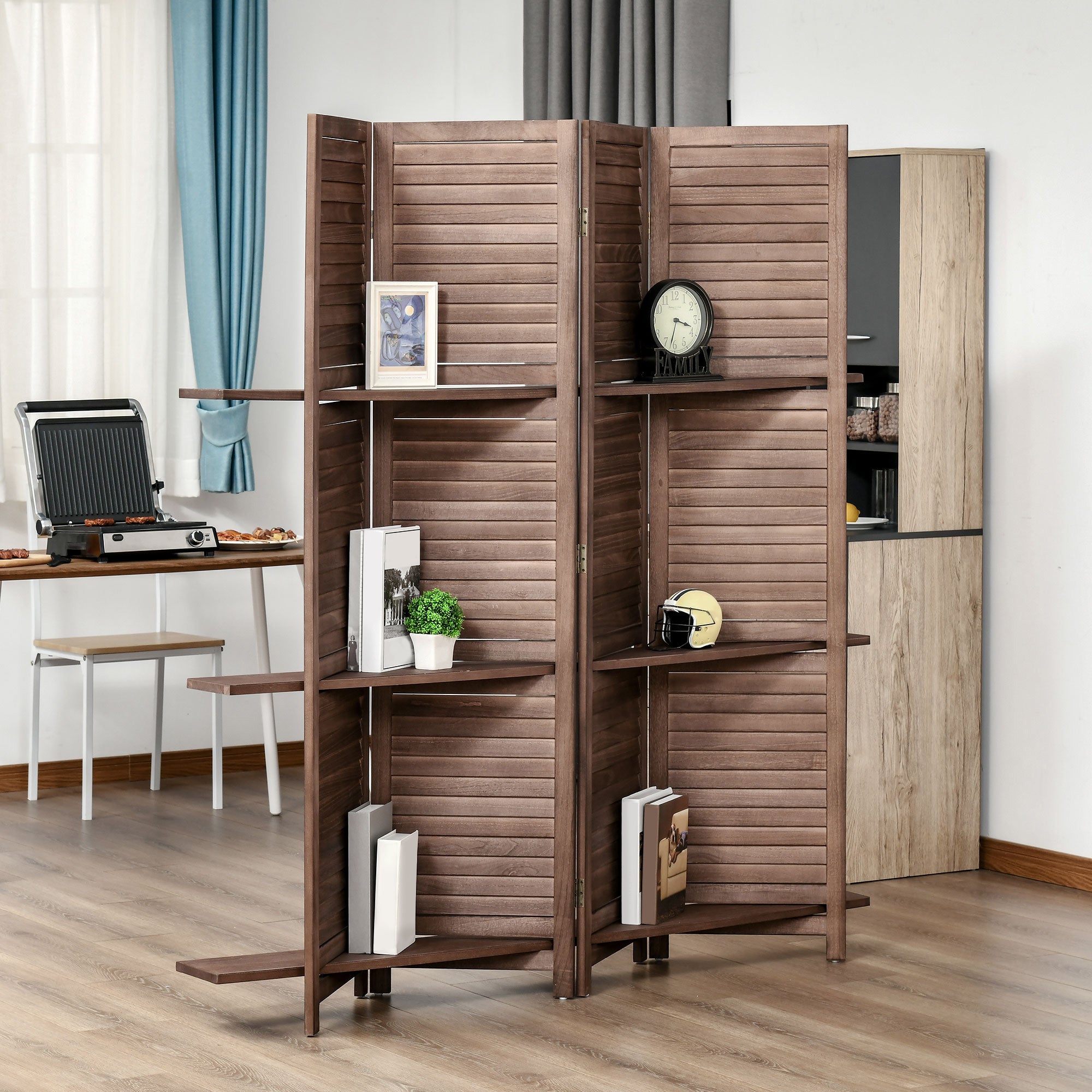 Paravent intérieur 4 Panneaux 162Lx170Hcm 3 étagères Pliables séparateur de pièce Portes persiennes Bois de Paulownia Noyer - 4