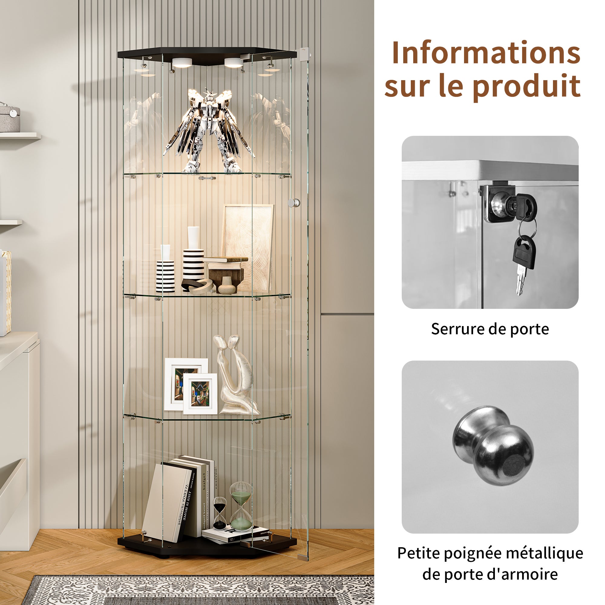 LED Vitrine, Vitrine en Verre, Vitrine pour collection Transparent en verre 4 Couches avec 1 Porte, pour salon et chambre à coucher,cinq angles,noir - 6