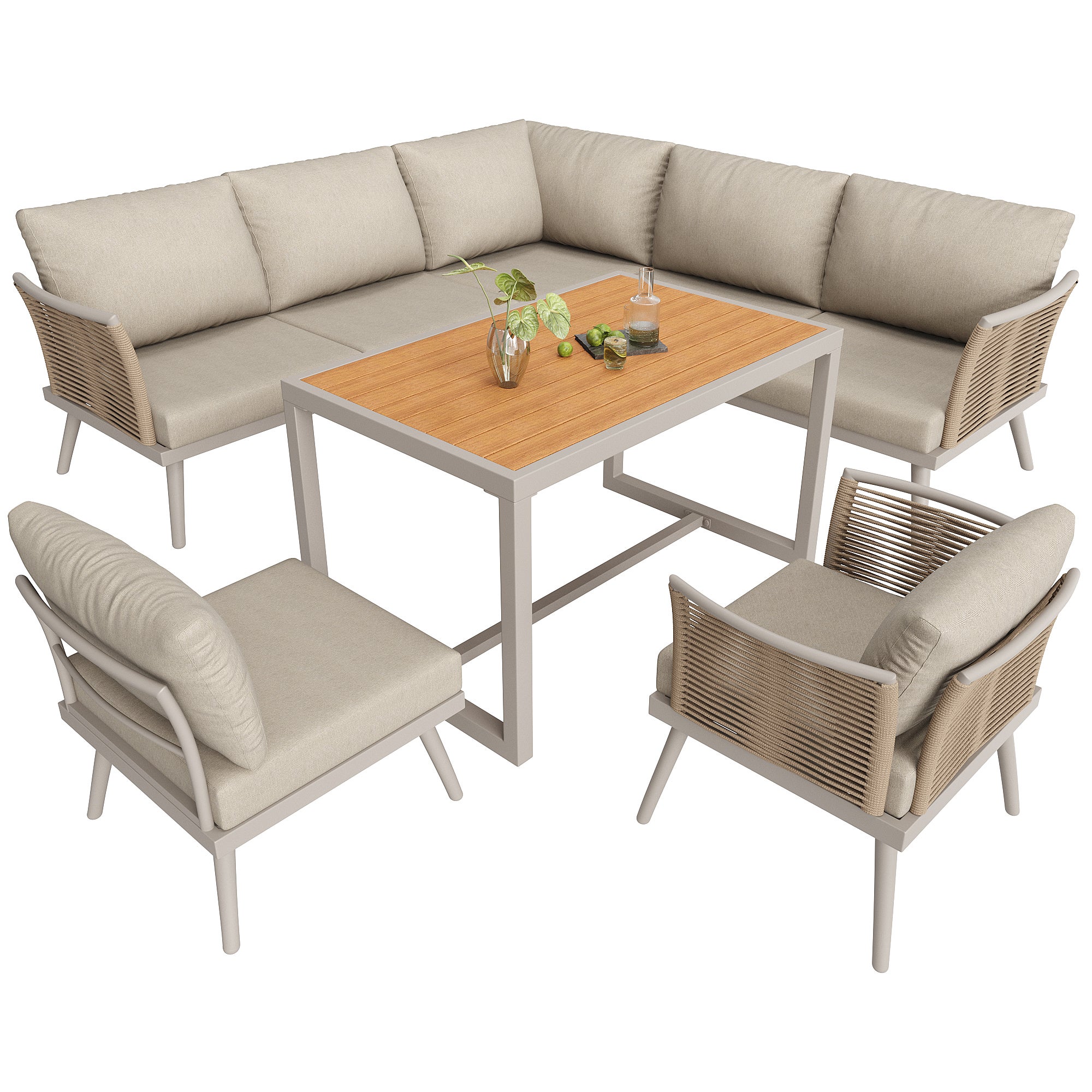 Salon de jardin modulable en fer 7 places : 1 canapé d'angle 5 places + 2 fauteuils + table basse - Beige - 8