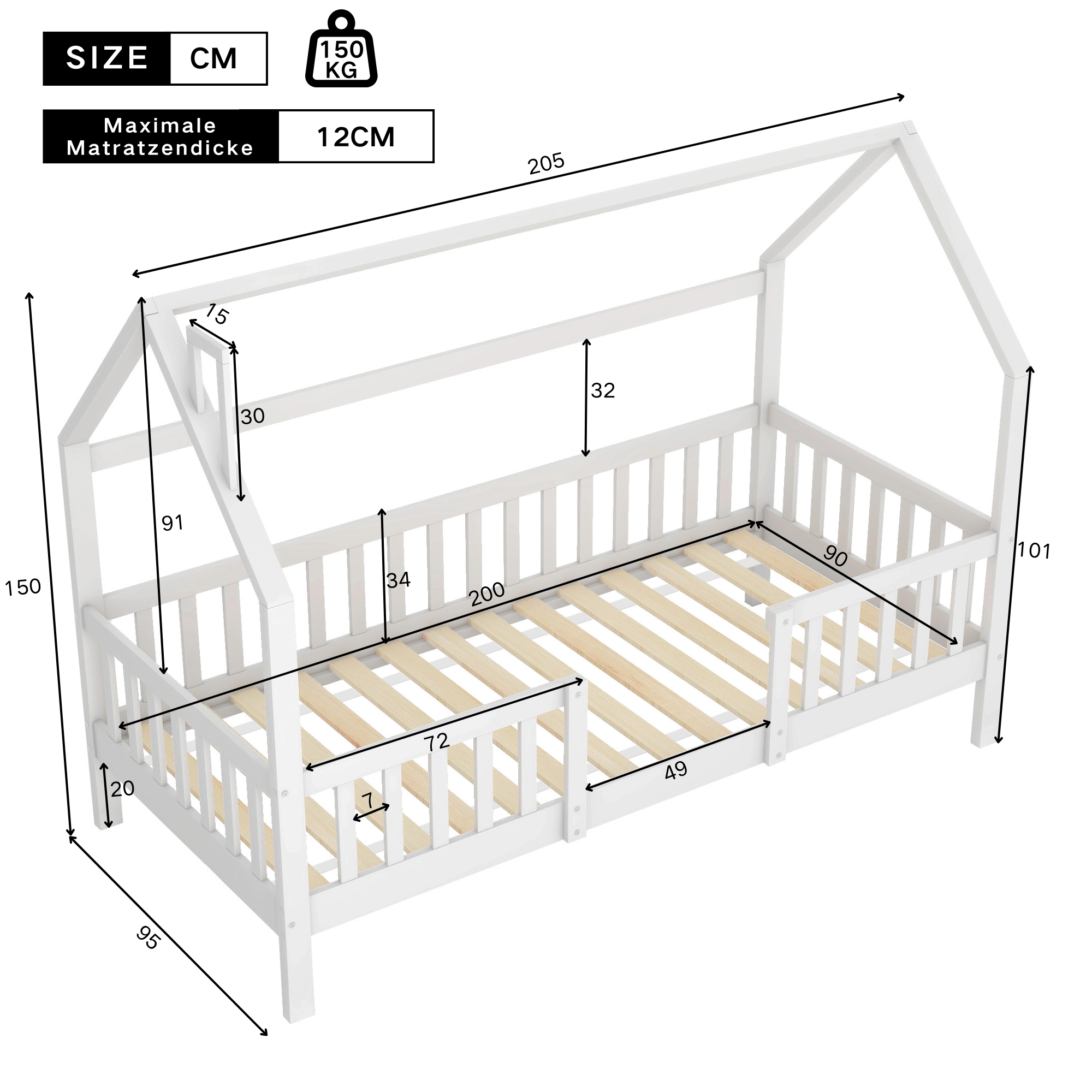 Lit cabane enfant 90 x 200 cm, Montessori lit en maison avec protection anti-chute, Lit d'enfant en bois, blanc (sans matelas) - 3