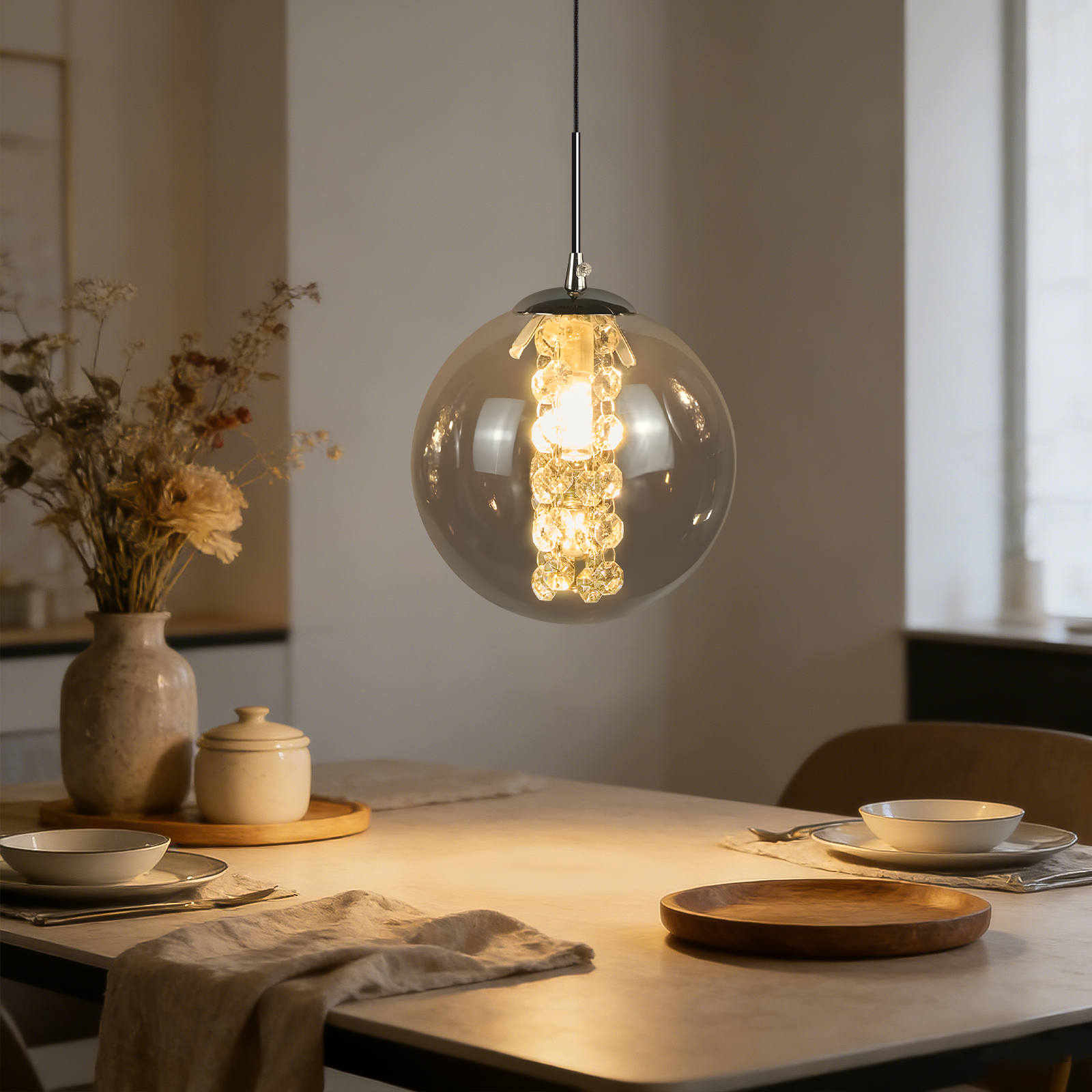 Zmh lámpara colgante vidrio ahumado moderno 1 luz altura regulable 120cm g9 para comedor dormitorio bar