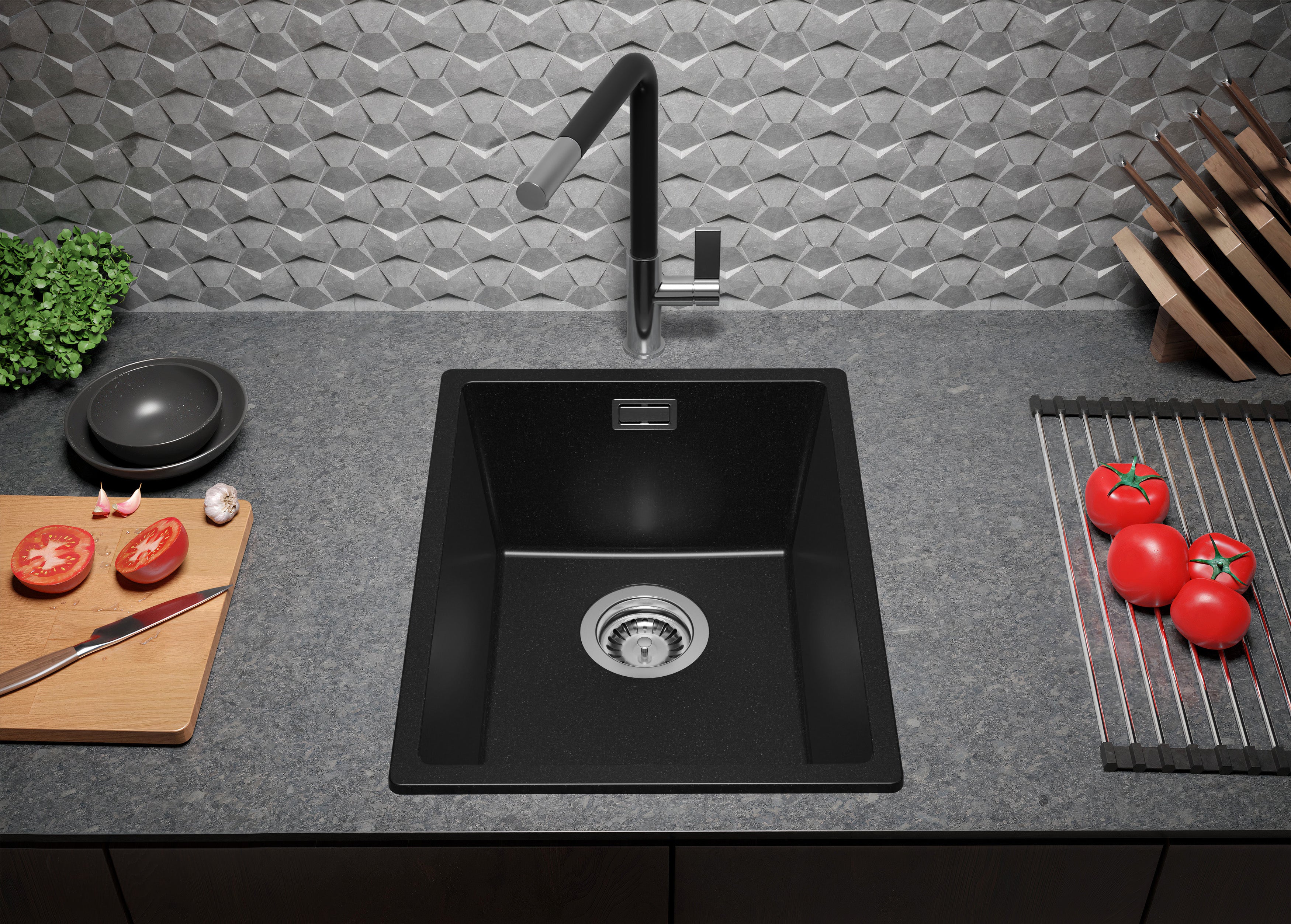 Lavandino da Cucina Nero 36x47cm, Lavello in Granito a 1 vasca + Sifone Classico + Accessori, Lavabo da Cucina Incasso al mobile 40cm PRIMAGRAN - 4