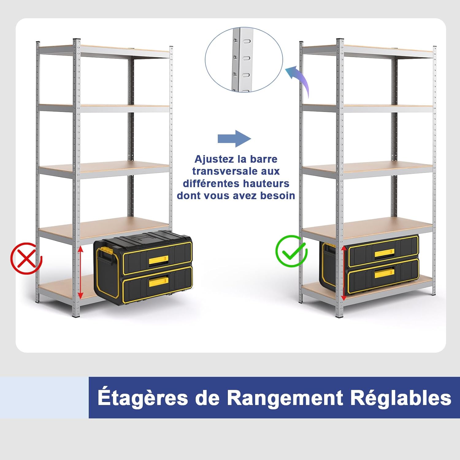 Étagère de Rangement à 5 Niveaux 46 x 91 x 183 cm, Charge Lourde Totale 875 kg (175kg par Niveau) pour Garage, Cave, Atelier, Cuisine, Argent - 7