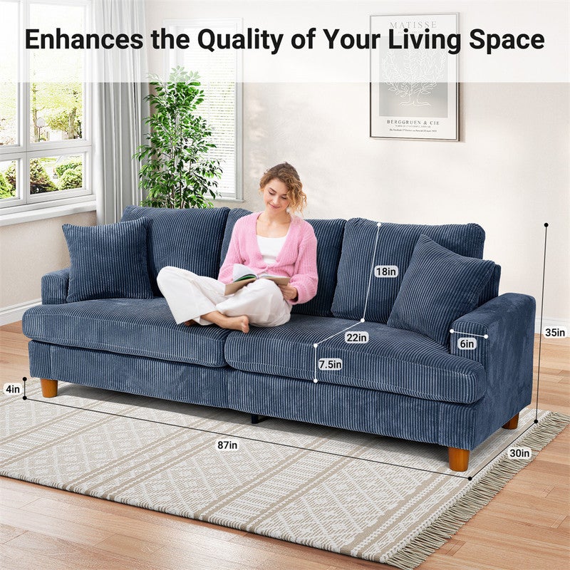 Grand Canapé 3 Places en Velours Côtelé Bleu,Canapé Scandinave avec 3 coussins et 2 oreillers pour le salon,220×76×84cm - 3