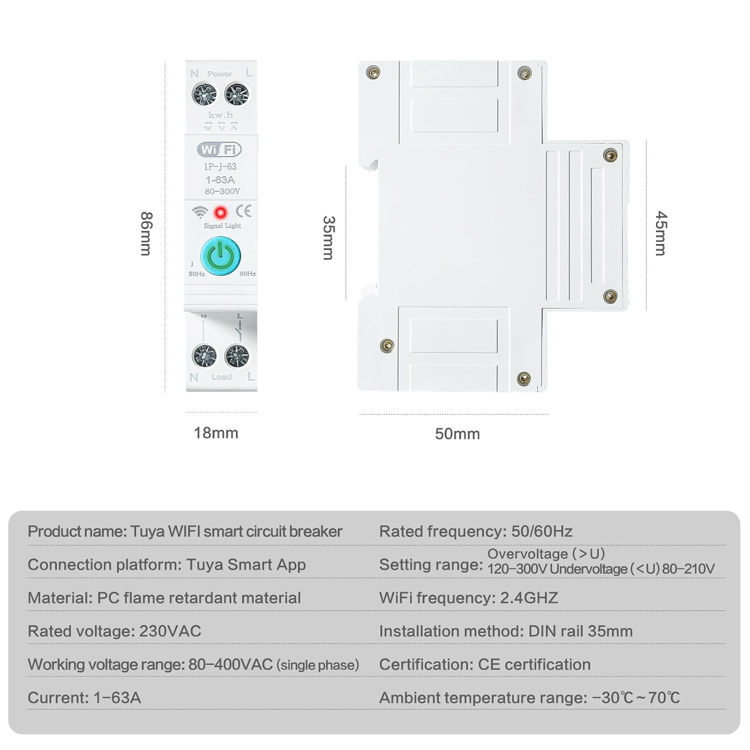 Disjoncteur Connecté 63A, WiFi avec Télécommande, Monté sur Rail DIN, Protection Électrique - 3