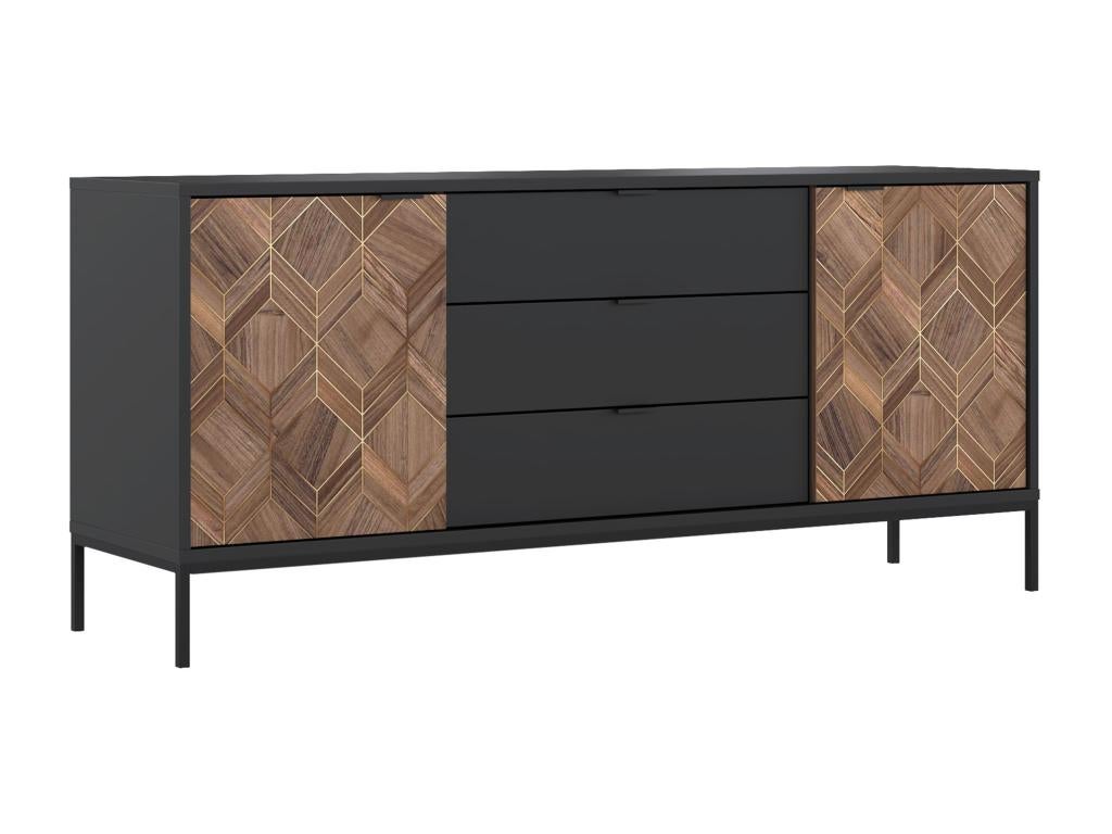 Buffet Design 2 Portes + 3 Tiroirs - Noir Avec Poignée Dorée - 154x82x39 Cm - Montage Facile - Fabriqué En Europe - 10