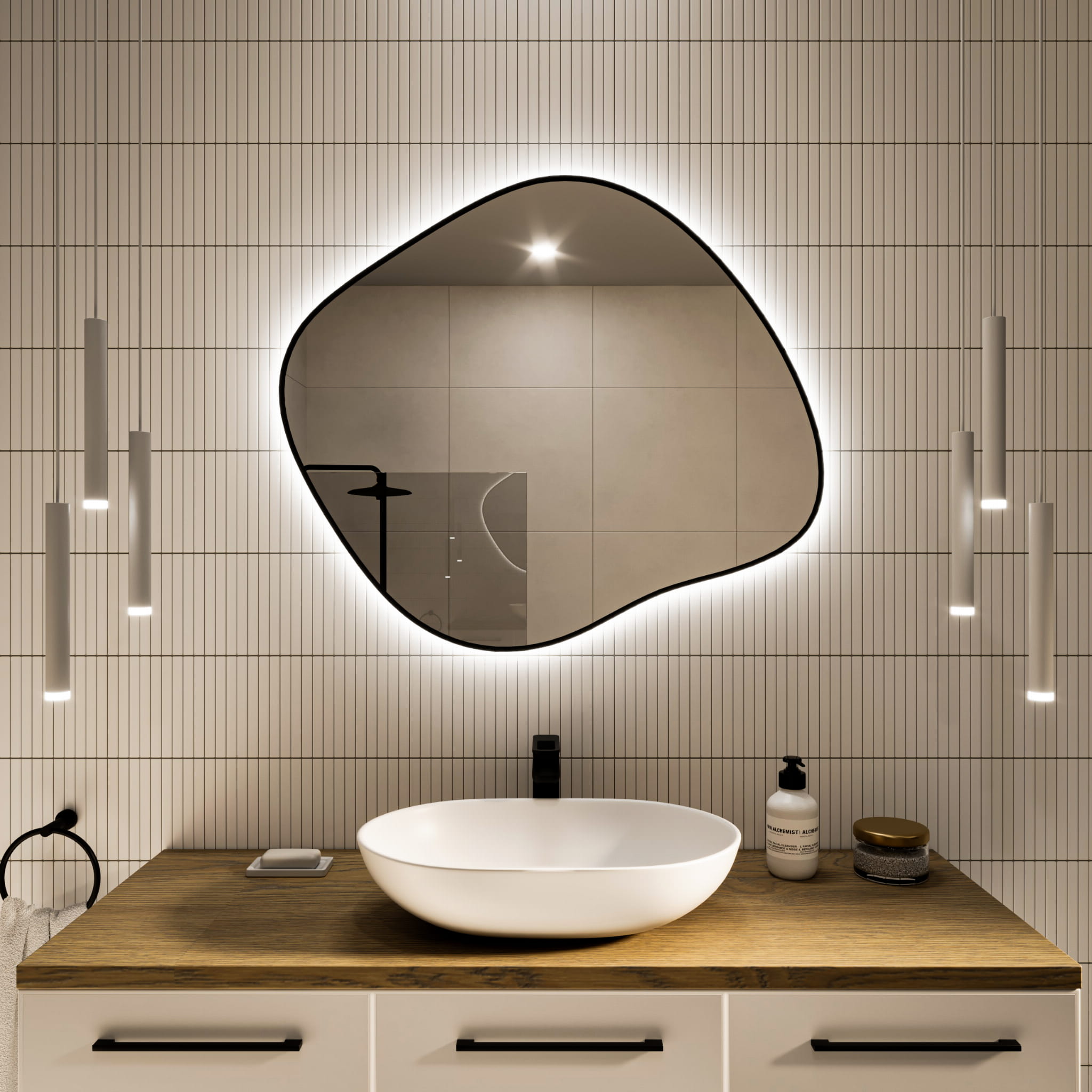 Lustro nieregularne Tiny Border Stain III 70x60 ramka czarna barwa światła neutralna