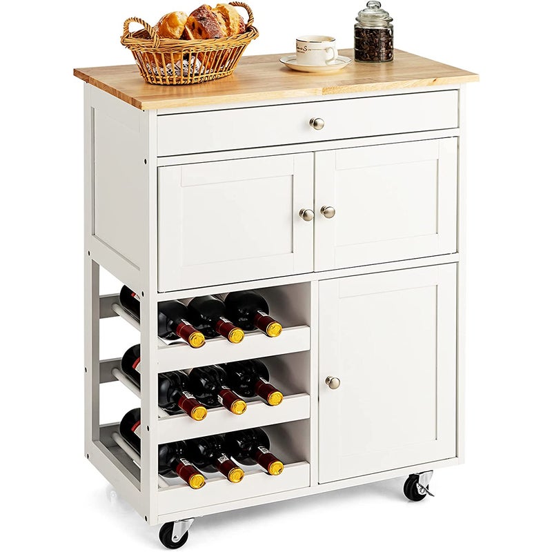 Wózek kuchenny na kółkach, wózek do serwowania z szufladami i 3-poziomowym regałem na wino i blatem roboczym, wózek pomocniczy, wyspa