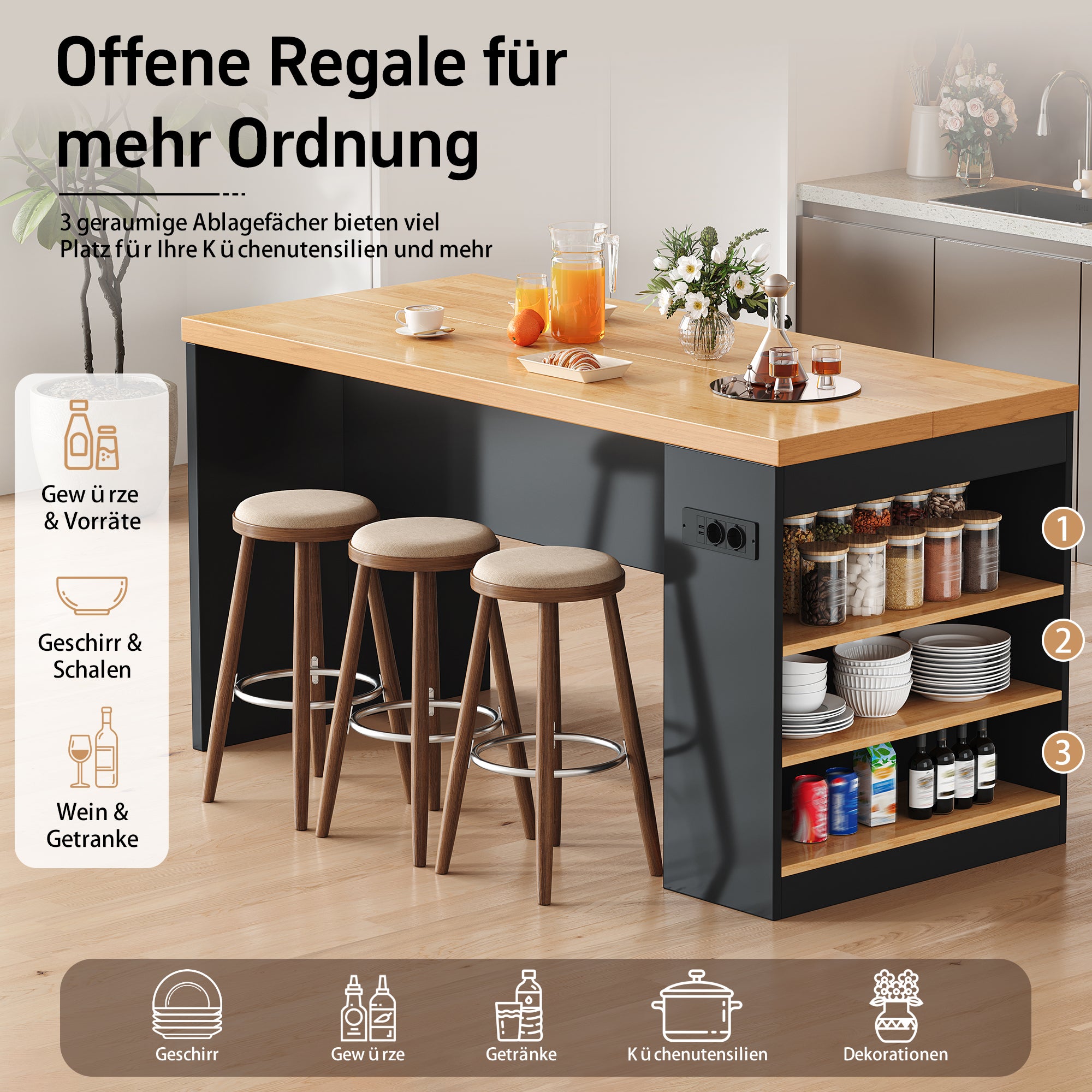 Îlot de cuisine 155x80x90 cm, table de bar avec LED, prises électriques et USB, 3 étagères, plan de travail 40 mm, MDF, noir - 7